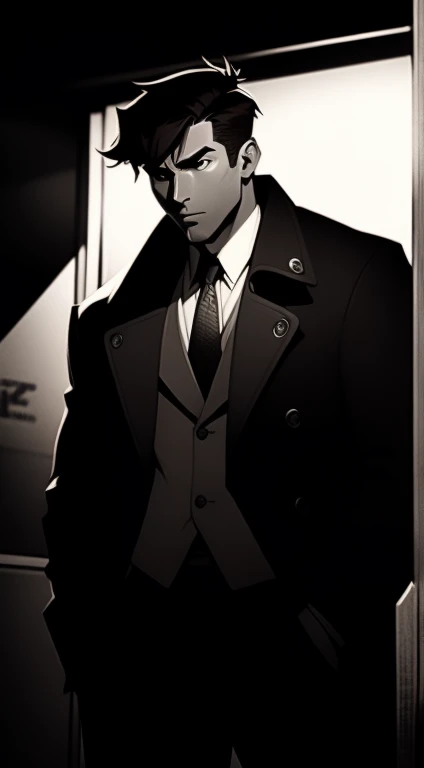 Mid 20s male detective, brown hair, detailed, toned body, simple, Noir et blanc, monochrome, looking at viewer, plain looking, white shirt and tie, gritty, unshaven, trench coat, standing at a street corner in front of a dive bar