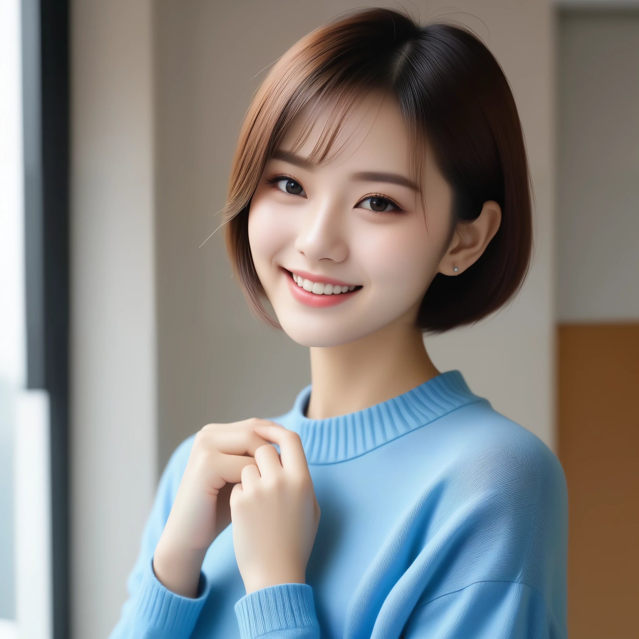 8k, Ultra-high resolution, highest quality, masterpiece, Surreal, photograph, 1 girl, (16 years old:1.3), cute女の子, cute顔, Beautiful eyes in every detail, 細かくdetailedに,masterpiece,, One Girl:1.2, Japan Female Announcer,((highest quality、Best image quality、Ultra-high resolution、Ultra-high resolutionで描画、solo、Please look closely at the camera、Light-colored eyes))、1 girl、Realistic、Depth of written boundary、Natural soft light、Daytime、attractive、Beautiful Face、Cleanliness、Pure Face、White skin、cute、short hair、Beach、Light of the sun、Medium Breast、whole bodyエスビアン、((Light dark blue sweater、黄金比のBeautiful Face、Very beautiful big、Beautiful and very large breasts、I opened my chest、Show to the audience、Expose your hips、Expose your shoulders、Lean forward to show your breasts))、Long neck、Listen carefully、Neat short bob with bangs、Keep your mouth shut and laugh heartily、Perfect Fingers、Perfect hands、Perfect body、Perfect Face、Shine a light into your eyes、Perfect Anatomy、Tall Supermodels、Long-legged supermodel、Supermodel with a Long neck、Broad shoulders、Arms hang down at sides、stand、Bust seen from slightly above、Bright windowsill background、Smile at the audience、Laughter、smile、Today is very big、Beautiful Teeth、Beautiful Teeth alignment、Open your chest wide、Beautiful décolletage、Very beautiful sexy woman in revealing clothes、Focus on your audience、Look up a little at the viewer above you.、Ultra-fine face,Fine Eyes,double eyelid,Bold Pose,Looking at the audience、beauty,Long neck、少しsmile、Please close your mouth and laugh、(((Ideal body type))),A cup small breasts :2,whole body、Perfect Anatomy、鮮明なdetailed、detailed、Surreal、Light and shadow,Strong light
