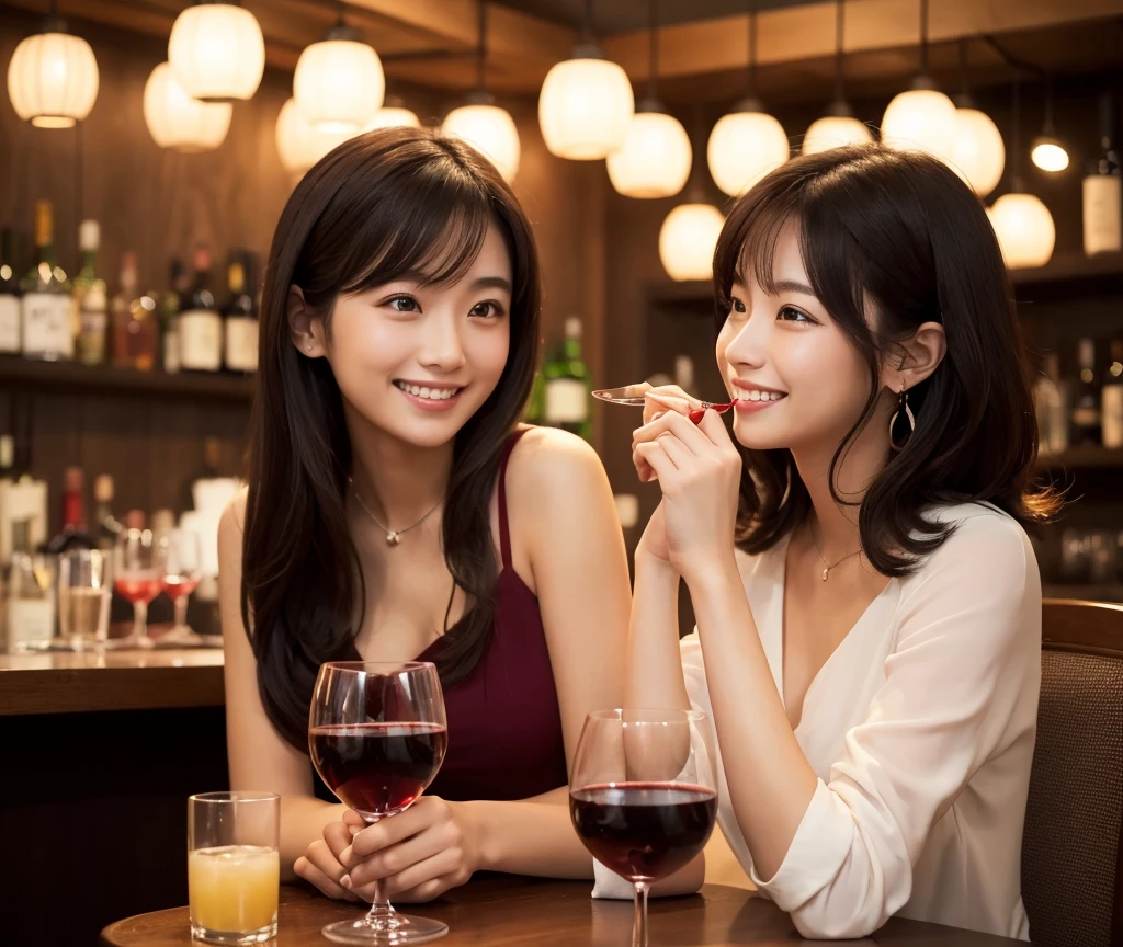 (masterpiece:1.2), high quality, High resolution, High-definition images like those taken with a high-end camera、(Two people, male and female)、sitting next to each other in chairs、(There is food on the table)、The man is a 24-year-old Japanese man.、Cut your hair short、Wearing glasses、Looks quiet、Black Hair、Curly hair、Holding a wine glass with red wine、The woman is an 18-year-old Japanese woman.、A lovely smile while drinking、Holding a cocktail glass filled with a cocktail、The location is a dimly lit bar