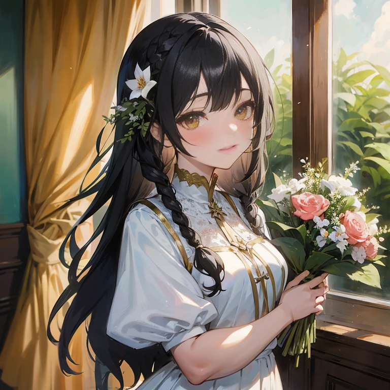Anime girl with long black hair holding bouquet of flowers, Anime visuals of cute girls, guweiz, with flowers, artwork in the style of guweiz, Beautiful Anime Portrait, marin kitagawa fanart, Cute anime waifu in a nice dress, kawaii realistic portrait, anime moe art style, guweiz on pixiv artstation