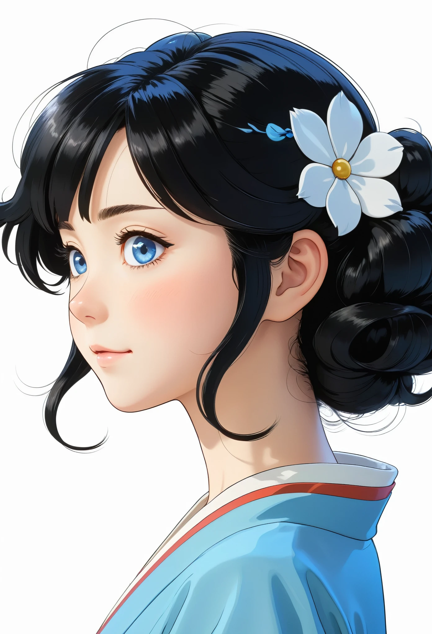 Black Hair, Japanese cartoons, Ghibli, Japanese cartoons style, close up, from the side, First-person perspective, 8K, Super Detail, masterpiece,Super Detail, high quality, high resolution, High Detail, White background, facial details, happiness, curls, blue eyes