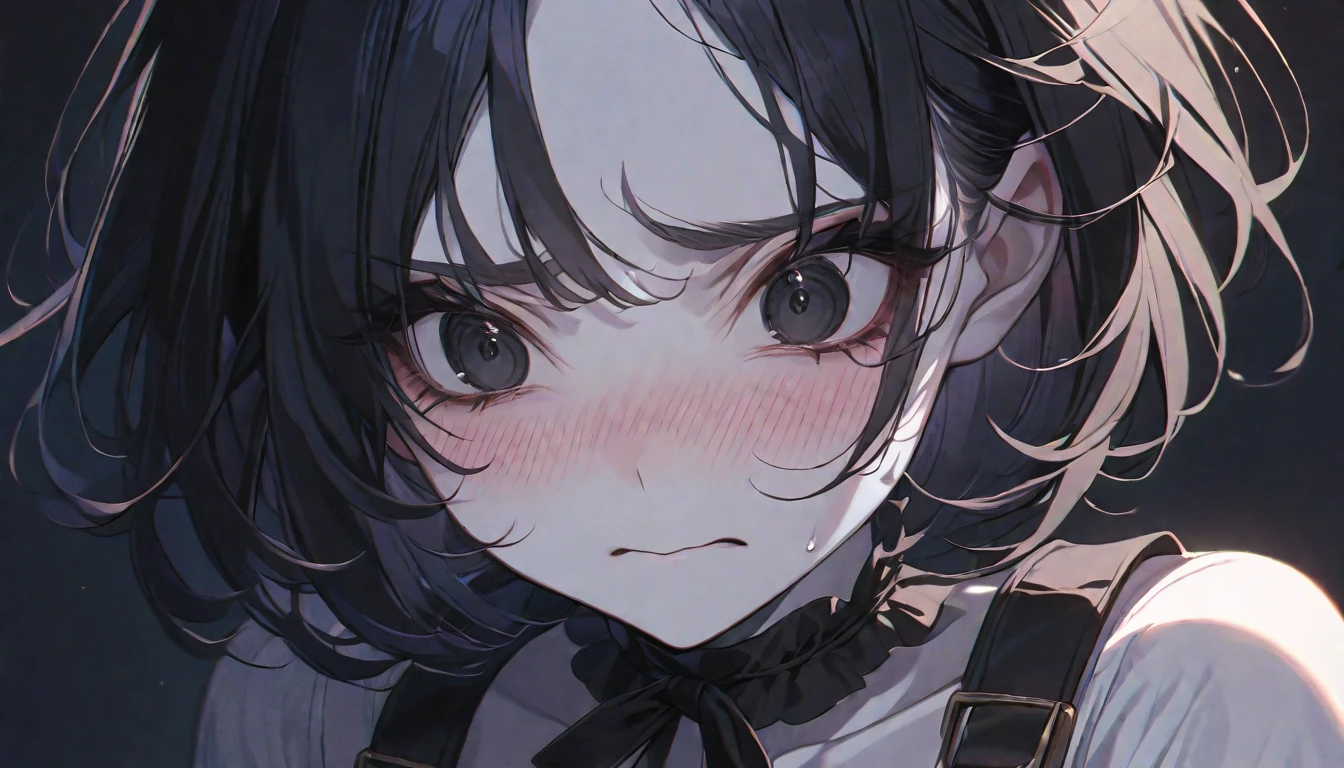 solo, handsome, 1. Female, Straight short hair,black hair, black eyes,Soft look ,Lolita,Cat ear,Overalls,bra,Sexy,Embarrassed,panic,White skin,black background,Face close-up