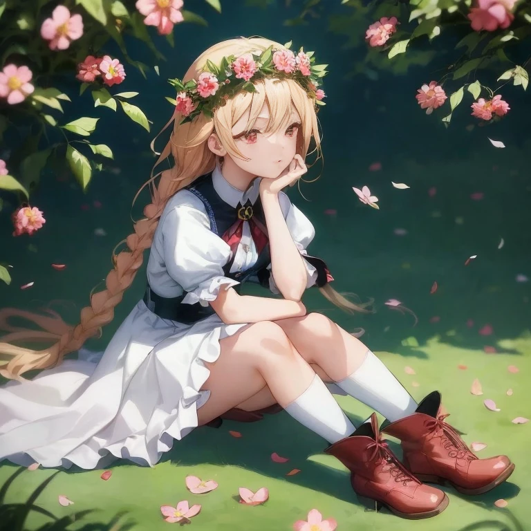 Sit on the ground with your legs crossed、Anime girl putting her hand on her chin,  in dress, Cute anime waifu in a nice dress, young anime girl, blonde anime girl with long hair, , Cute anime girl, guweiz, Beautiful anime girl, a maid in a magical forest, High quality anime art style, pretty anime girl