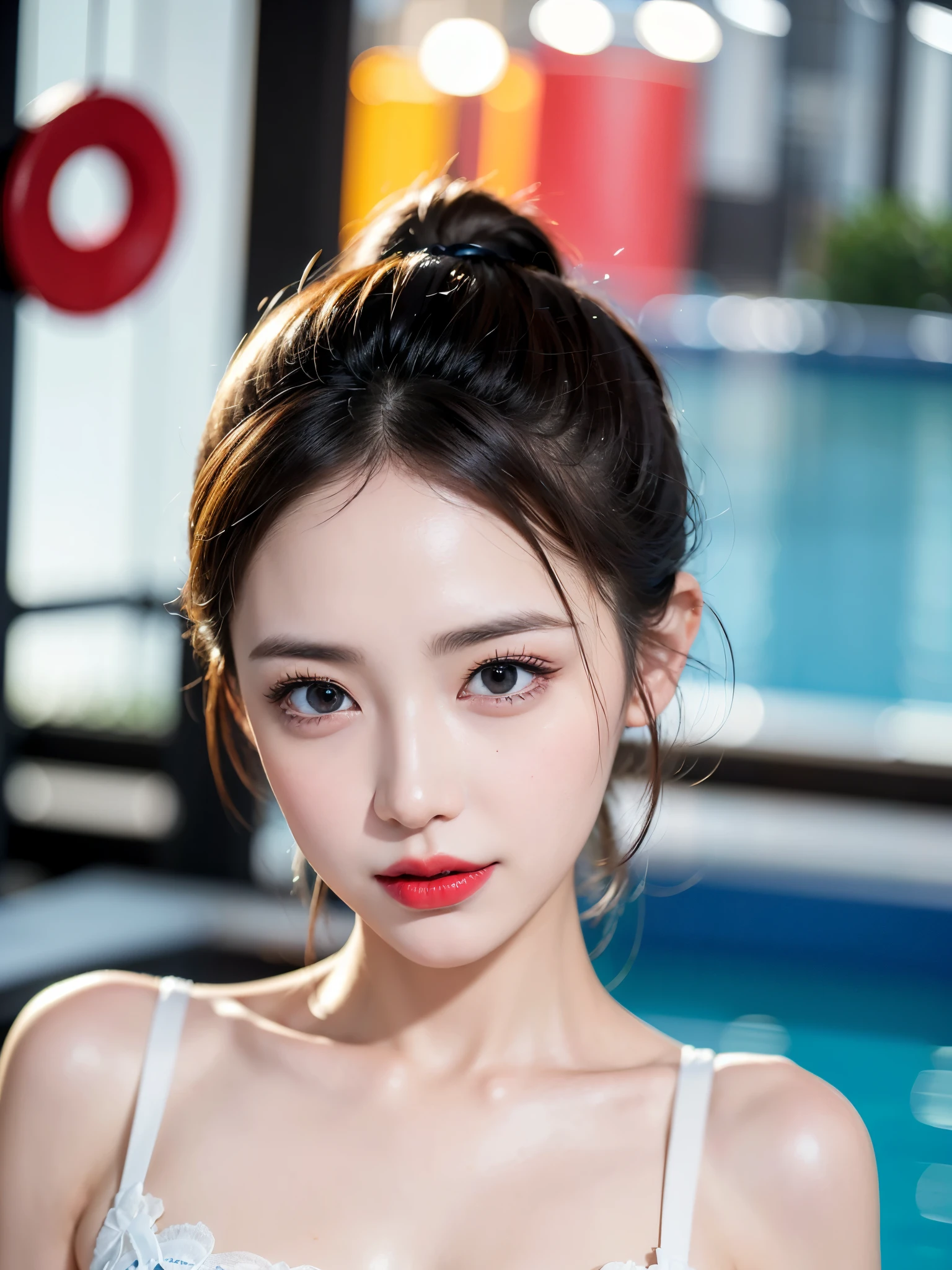 (((sfw:1.5)))、((Near the huge summer pool)), Real、8k、 ((Anatomically correct)),   18-year-old、1 female、round face、、Cute Smile、 A close-up of her face:0.6, Top quality soft lighting, ((realistic perfectly round brown_eye:1.3、Big Eyes、たれeye)), (Light pale complexion), ((Detailed pupils:1.4)), (Perfect Makeup:1.3), (Symmetrical lips:1.3)),(Bright shiny red_lipstick:1.35), ((Blue eyelashes: 1.17)), (Very detailed, Beautiful little nose:1.2), (Perfect composition), ((Sunburned skin:1.28)), ((Oily skin)), ((The blackＹshirt, The blackチューブトップブラジャー) , The background is simple and blue, The gaze is directed downwards at a low angle、 (((Anatomically correct)))、（Perfect Body Proportions)、(Natural Hands、Natural Fingers、Natural Legs)