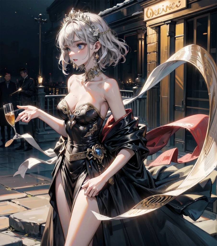 ((evening dress, strapless)), absurdres, RAW photo, extremely delicate and beautiful, masterpiece, Best Quality, ultra high resolution, 32k, hyperrealistic, ultra-detailed, detailed description, perfect anatomy, pale skin, 20 years old, detailed beautiful face and eyes, tearful mole, earring, short medium hair, wavy hair, random colored hair, full body shot, colossal tits,