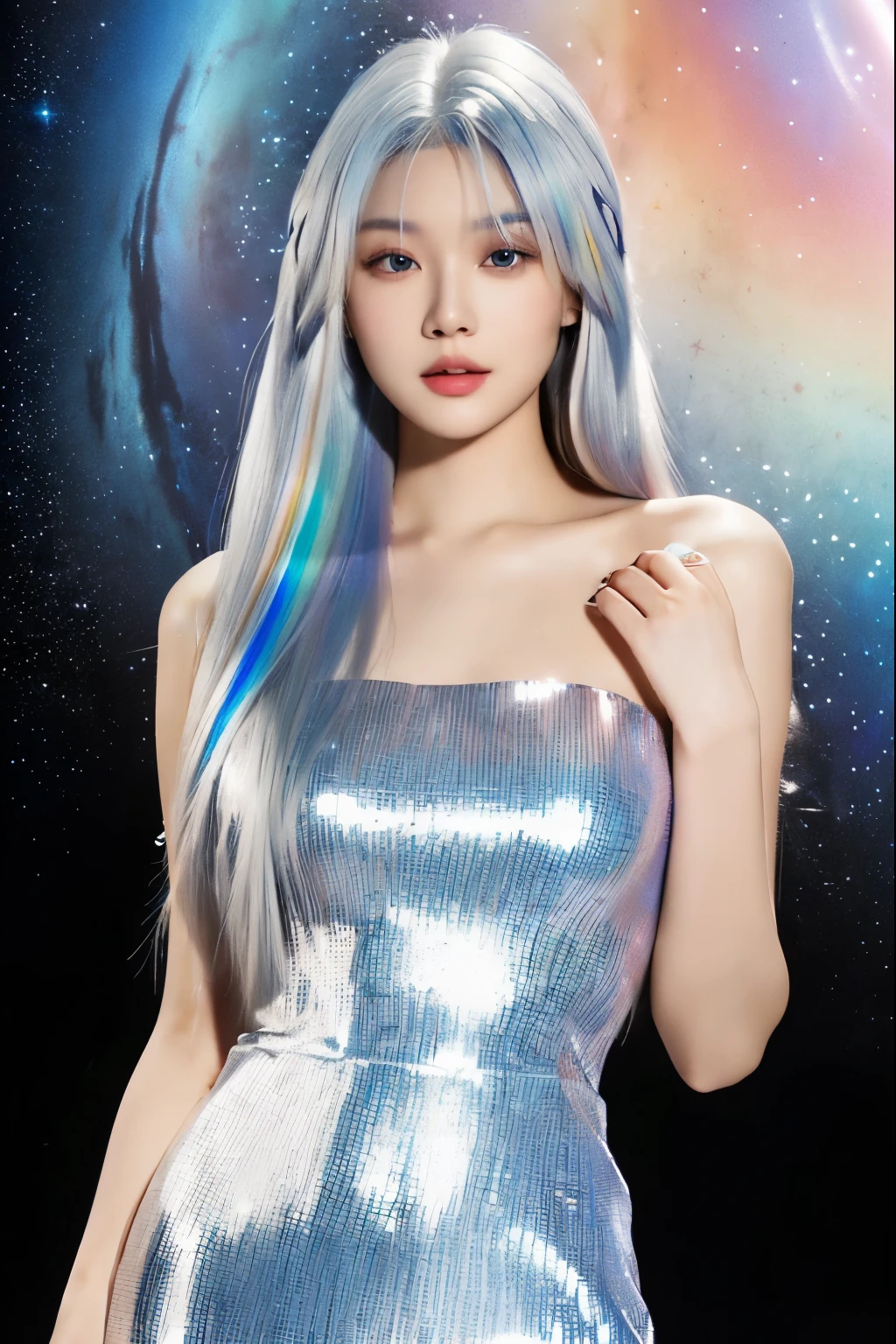 Close-up of a long-haired woman wearing a silver tube top dress, Short Shiny Colored Hair, Colorful long hair, Metallic short hair, girl silver hair, With short white hair, Long hair in pastel colors, sha xi, sky blue straight hair, Light Rainbow Hair, Her hair is galaxy, with white hair