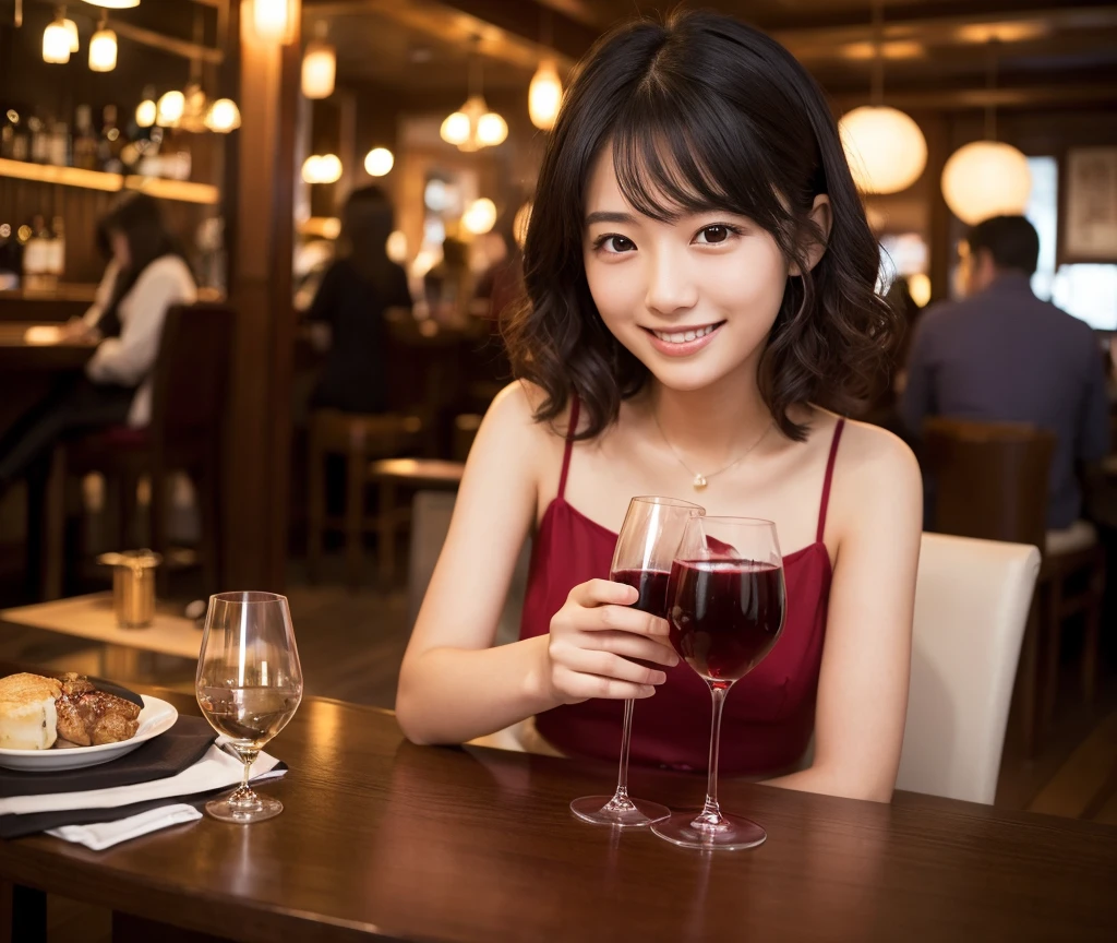 (masterpiece:1.2), high quality, High resolution, High-definition images like those taken with a high-end camera、(Two people, male and female)、sitting next to each other in chairs、(There is food on the table)、The man is a 24-year-old Japanese man.、Cut your hair short、Wearing glasses、Looks quiet、Black Hair、Curly hair、Holding a wine glass with red wine、The woman is an 18-year-old Japanese woman.、A lovely smile while drinking、Holding a cocktail glass filled with a cocktail、The location is a dimly lit bar