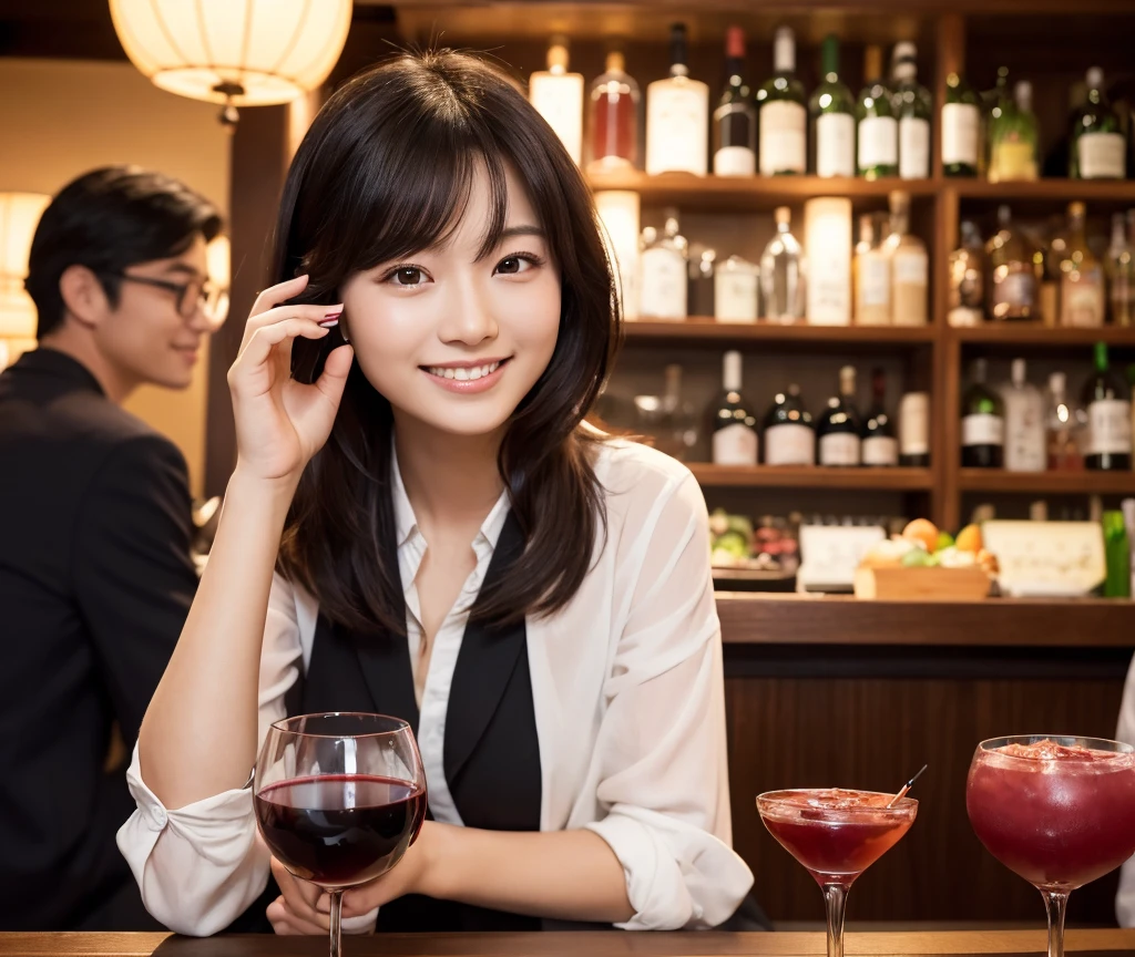 (masterpiece:1.2), high quality, High resolution, High-definition images like those taken with a high-end camera、(Two people, male and female)、sitting next to each other in chairs、(There is food on the table)、The man is a 24-year-old Japanese man.、Cut your hair short、Wearing glasses、Looks quiet、Black Hair、Curly hair、Holding a wine glass with red wine、The woman is an 18-year-old Japanese woman.、A lovely smile while drinking、Holding a cocktail glass filled with a cocktail、The location is a dimly lit bar