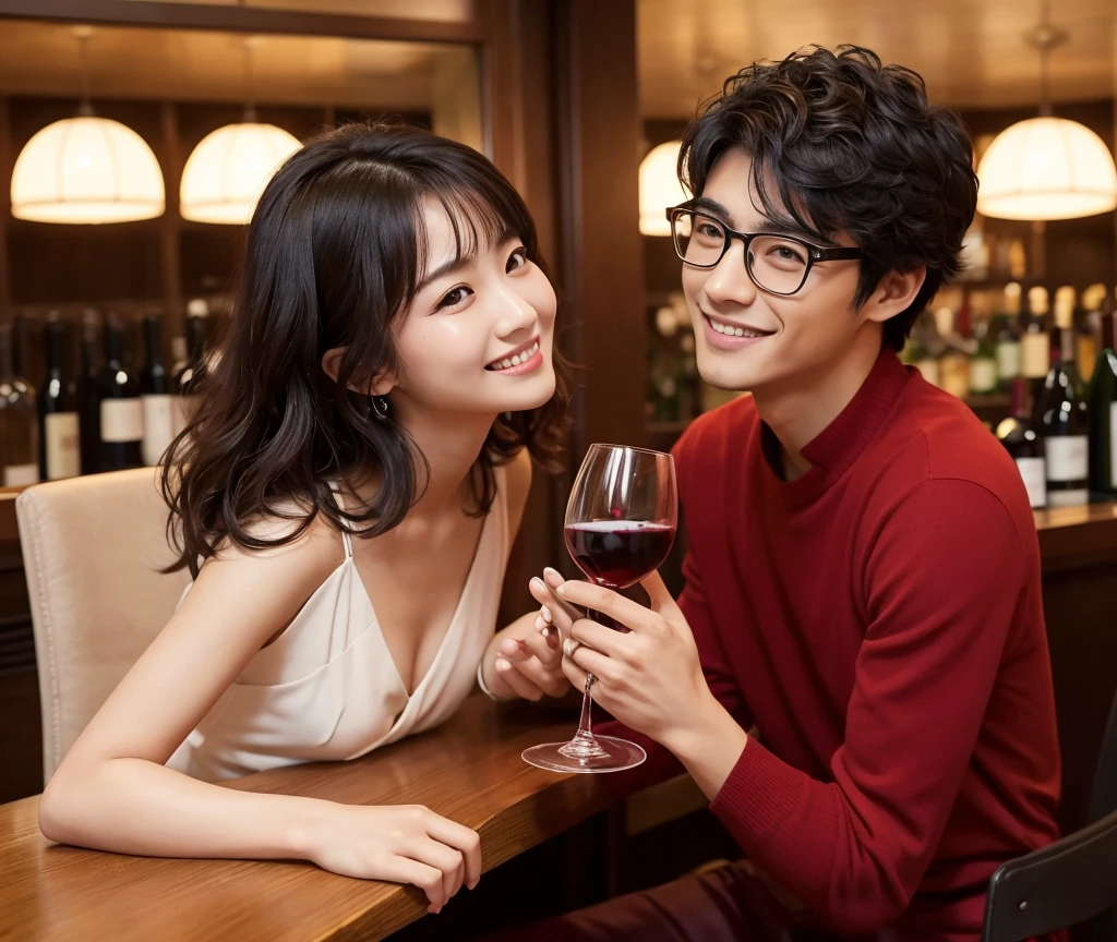 (masterpiece:1.2), high quality, High resolution, High-definition images like those taken with a high-end camera、(Two people, male and female)、sitting next to each other in chairs、(There is food on the table)、The man is a 24-year-old Japanese man.、Cut your hair short、Wearing glasses、Looks quiet、Black Hair、Curly hair、Holding a wine glass with red wine、The woman is an 18-year-old Japanese woman.、A lovely smile while drinking、Holding a cocktail glass filled with a cocktail、The location is a dimly lit bar