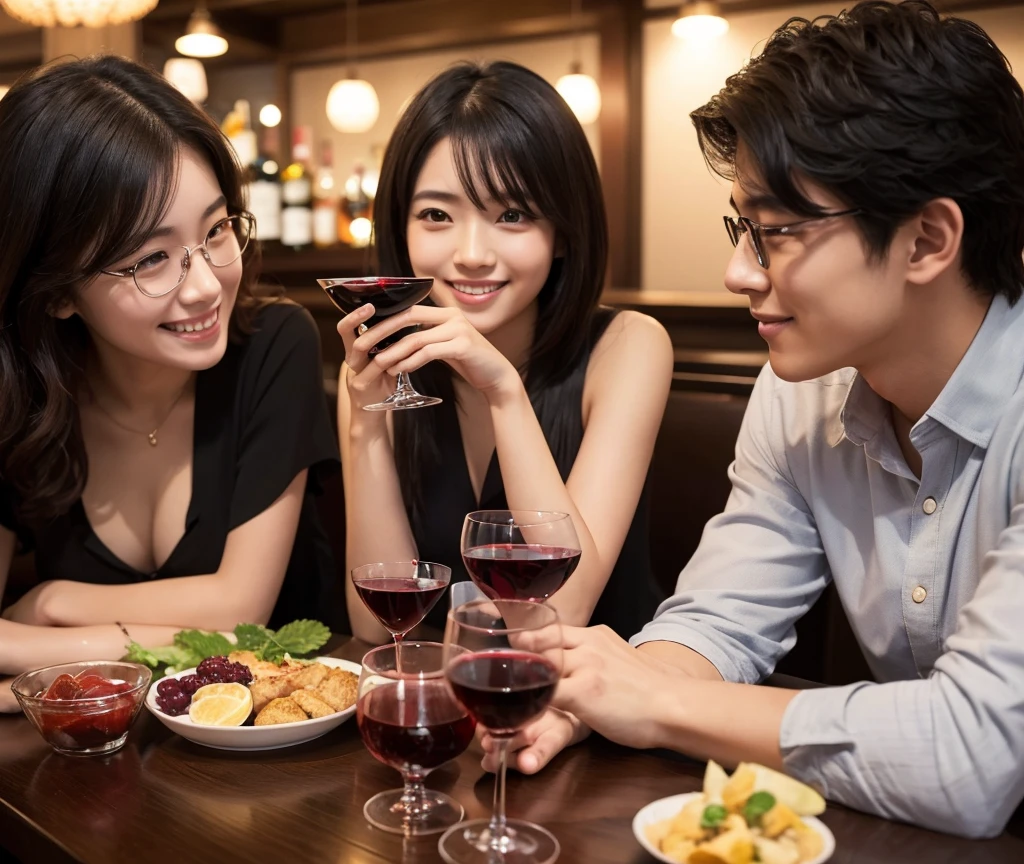(masterpiece:1.2), high quality, High resolution, High-definition images like those taken with a high-end camera、(Two people, male and female)、sitting next to each other in chairs、(There is food on the table)、The man is a 24-year-old Japanese man.、Cut your hair short、Wearing glasses、Looks quiet、Black Hair、Curly hair、Holding a wine glass with red wine、The woman is an 18-year-old Japanese woman.、A lovely smile while drinking、Holding a cocktail glass filled with a cocktail、The location is a dimly lit bar