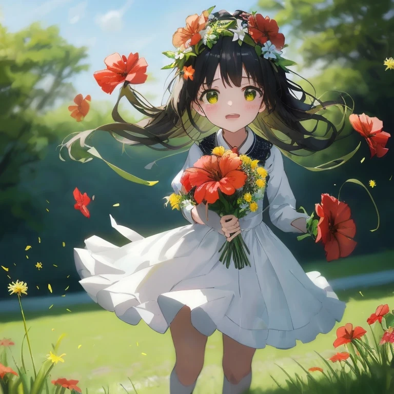 Holding flowers in the hair、Anime girl with dress walking in grass, with flowers, Anime visuals of cute girls, anime moe art style, carrying flowers, Beautiful sunflower anime girl, Anime art wallpaper 8k, Cute anime waifu in a nice dress, Cute anime girl, guweiz on pixiv artstation, 4 k manga wallpaper, young anime girl, Holding flowers