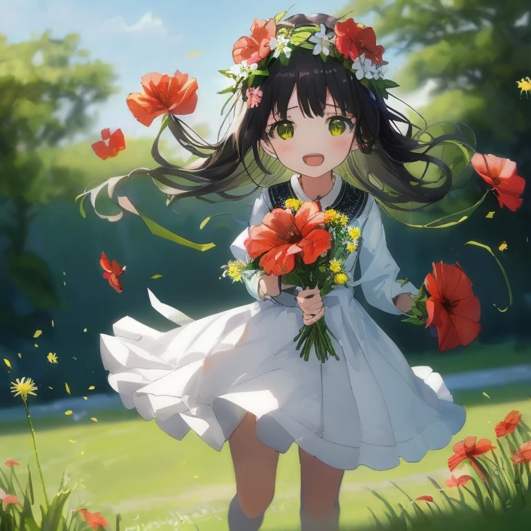 Holding flowers in the hair、Anime girl with dress walking in grass, with flowers, Anime visuals of cute girls, anime moe art style, carrying flowers, Beautiful sunflower anime girl, Anime art wallpaper 8k, Cute anime waifu in a nice dress, Cute anime girl, guweiz on pixiv artstation, 4 k manga wallpaper, young anime girl, Holding flowers