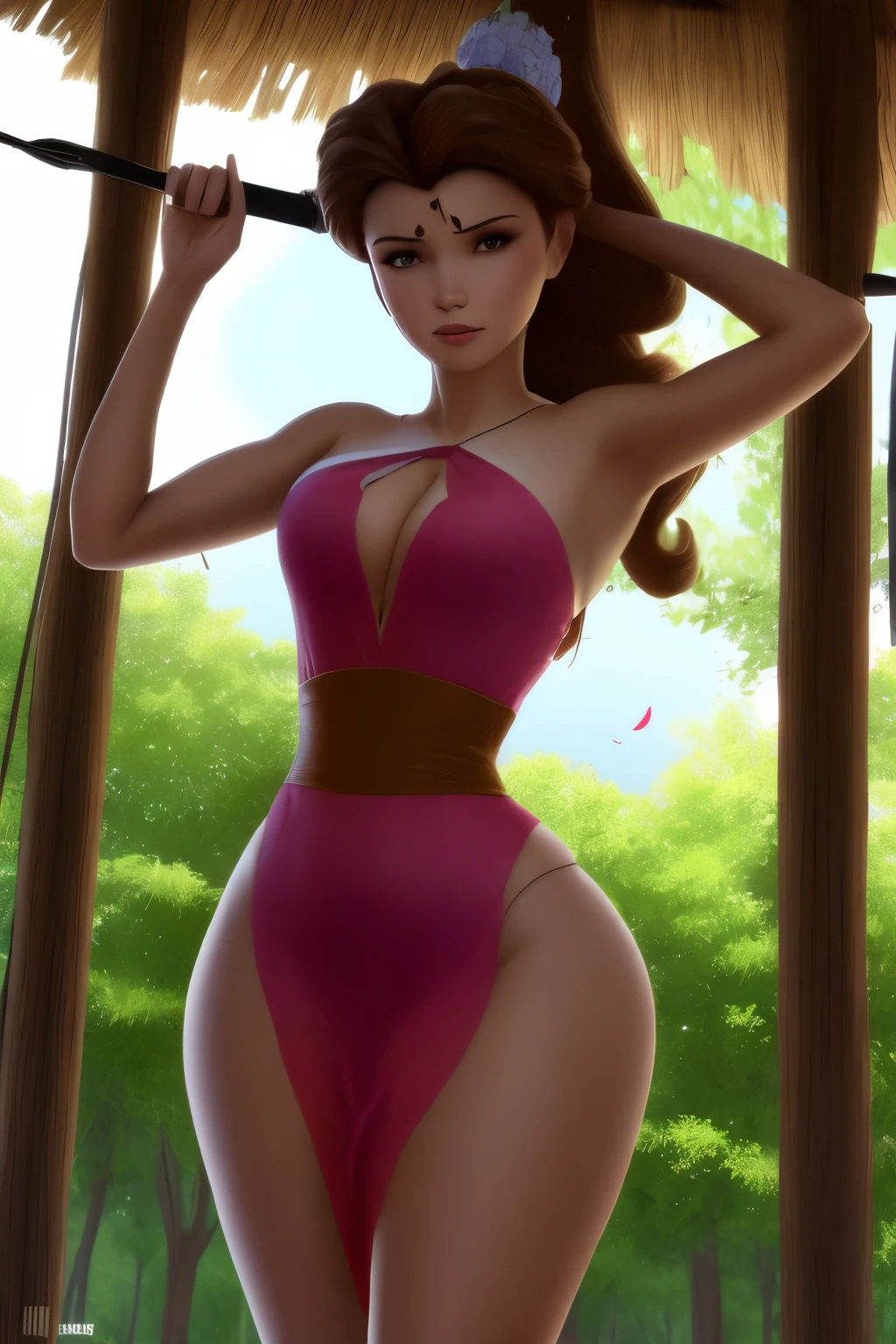 obra maestra, 8K, perfect lighting, , Adulto, femenino, tiro de vaquero, mirando al espectador, arm behind the back, cinematic lighting, Rosetta, (RosettaWaifu:1.1), Cabello rizado en las puntas, (vestido:1.8), (alas de hada extra largas), Alas largas, ropa rosa, clothes made of petals, Brown hair, (orejas puntiagudas), (ojos detallados), ojos verdes, ojos esmeralda, encogido, Morder o lamer el labio superior, Rubor, polvo de hadas, selva, tree house,