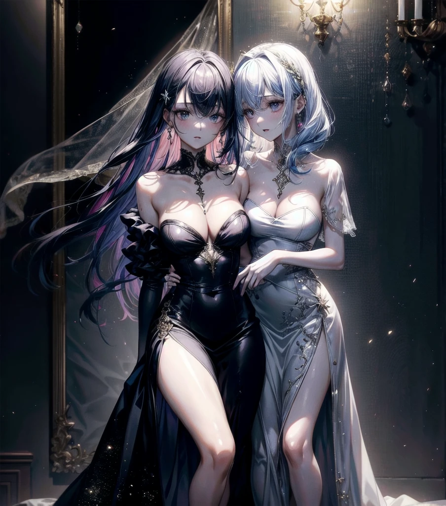 (((yuri))), (((2 girls))), ((evening dress, strapless)), absurdres, RAW photo, extremely delicate and beautiful, masterpiece, Best Quality, ultra high resolution, 32k, hyperrealistic, ultra-detailed, detailed description, perfect anatomy, pale skin, 20 years old, detailed beautiful face and eyes, tearful mole, earring, short medium hair, wavy hair, random colored hair, full body shot, colossal tits,