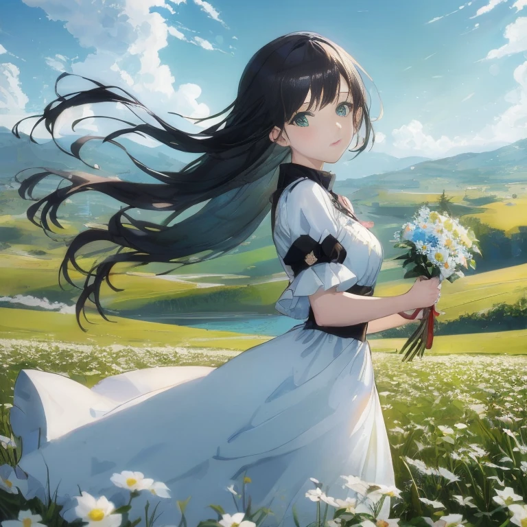 Anime girl in white dress with bouquet of flowers, Anime visuals of cute girls, Beautiful anime, guweiz, ( ( By Shinkai Makoto ) ), artwork in the style of guweiz, beautiful anime artwork, official anime artwork, guweiz and makoto shinkai, beautiful anime art, studio glibly makoto shinkai, beautiful anime scene