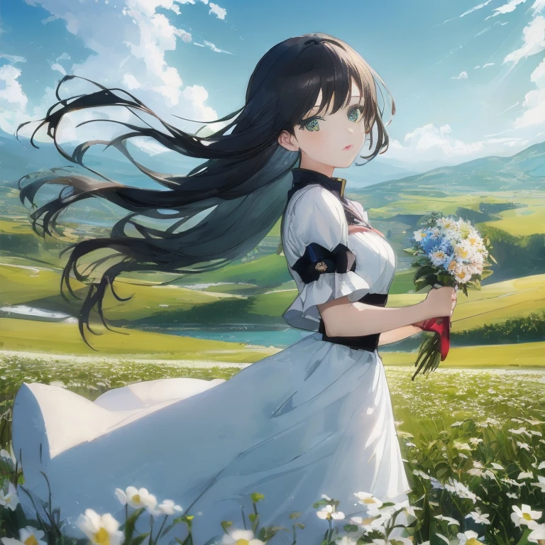 Anime girl in white dress with bouquet of flowers, Anime visuals of cute girls, Beautiful anime, guweiz, ( ( By Shinkai Makoto ) ), artwork in the style of guweiz, beautiful anime artwork, official anime artwork, guweiz and makoto shinkai, beautiful anime art, studio glibly makoto shinkai, beautiful anime scene