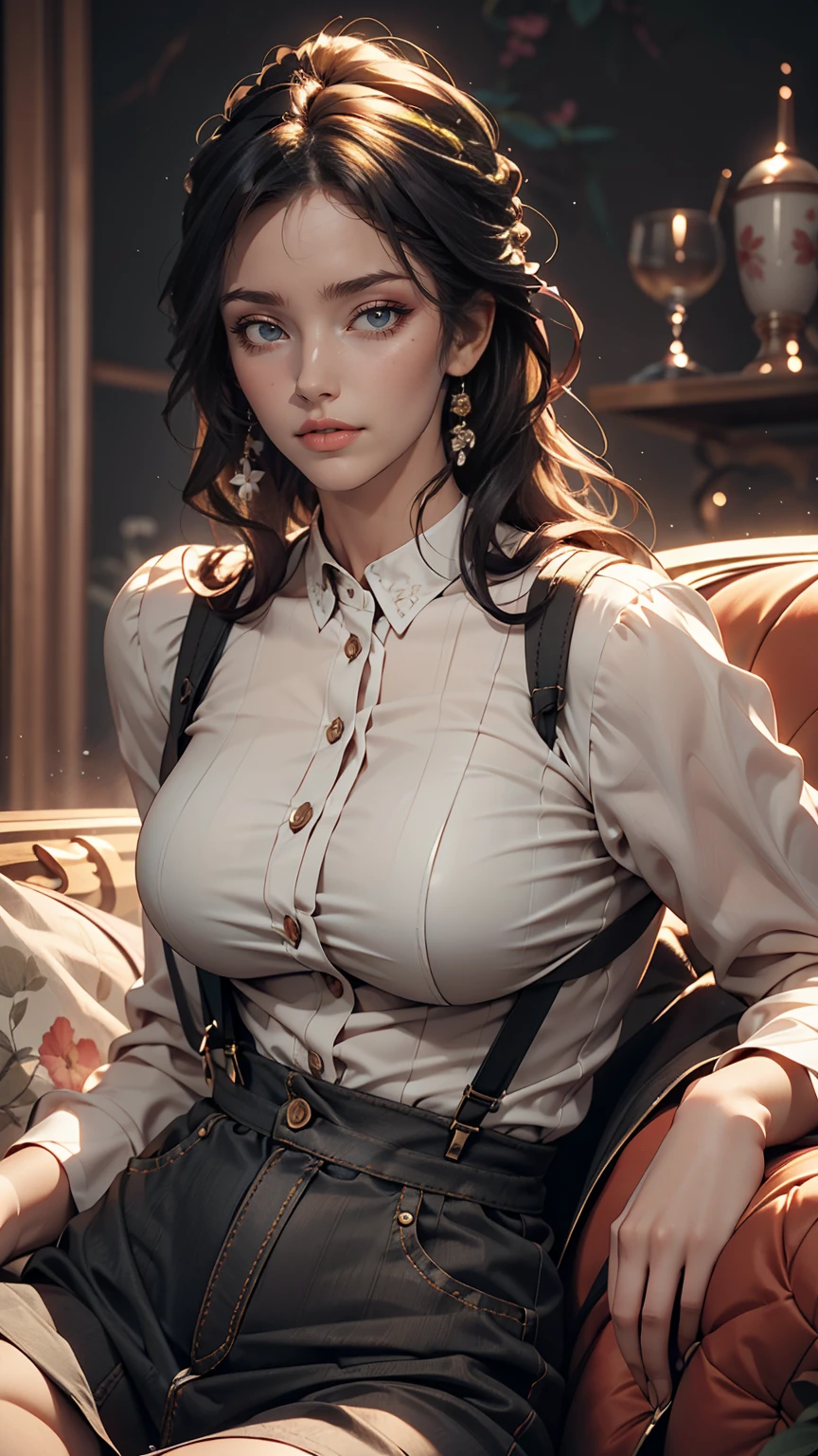 Mature woman lying on sofa, Big black wavy hair, Wear suspenders, Plump figure, Delicate facial features, Realistic image quality, Asian Woman, Age: Approximately 40 years old, Surreal
