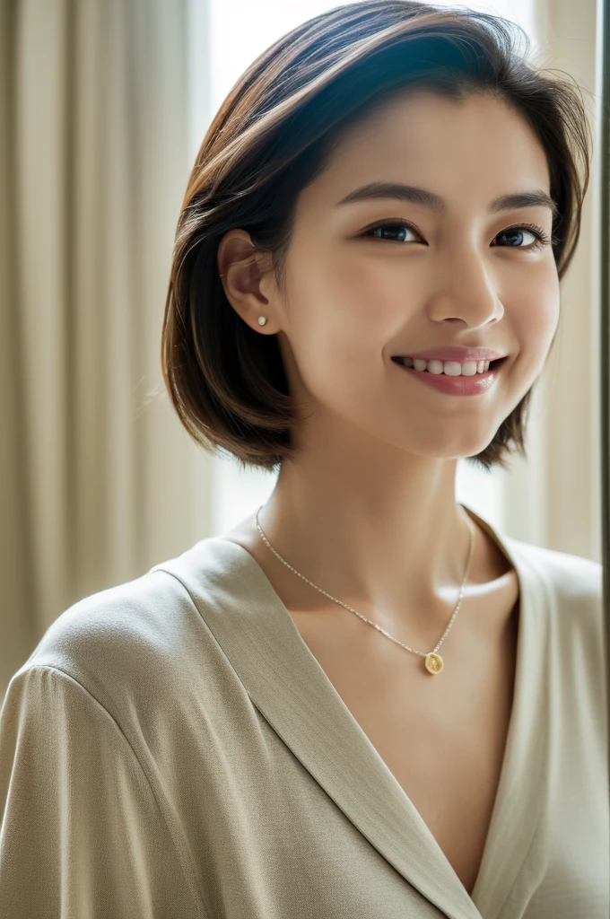 (8K, top-quality, masterpiece:1.3, 超A high resolution, A hyper-realistic), High Detail, ((Face like the real thing)), Photorealsitic, Raw foto, ((one beautiful women)), 28 year old, Detailed face, beautidful eyes, realisticeyes, Eyes in Beautiful Details, (real looking skin), Beautiful skins, enticing, depth of fields, hight resolution, High pixel count, clear details, sharp photo, Natural color reproduction, Noise Reduction, High fidelity, quality, Software Updates, Optimized algorithms, Inside a luxury hotel room, everyday clothes, business casual, perfect bodies, face perfect, perfect chest, perfect teeth, Perfect tooth alignment, small tits, Ears are visible, Looking away, Natural perspective, (Don't look your audience in the eye), a smile, kindly smile, Beautiful skins, enticing, the golden ratio, (Detal Face:1.2), profetional lighting, Lighting the face, best light, japanes,japanaese girl, Photo of a cute Japanese woman, Small necklace, Thin Silver Necklace, simple background, Casual pose, Short hair swaying in the wind