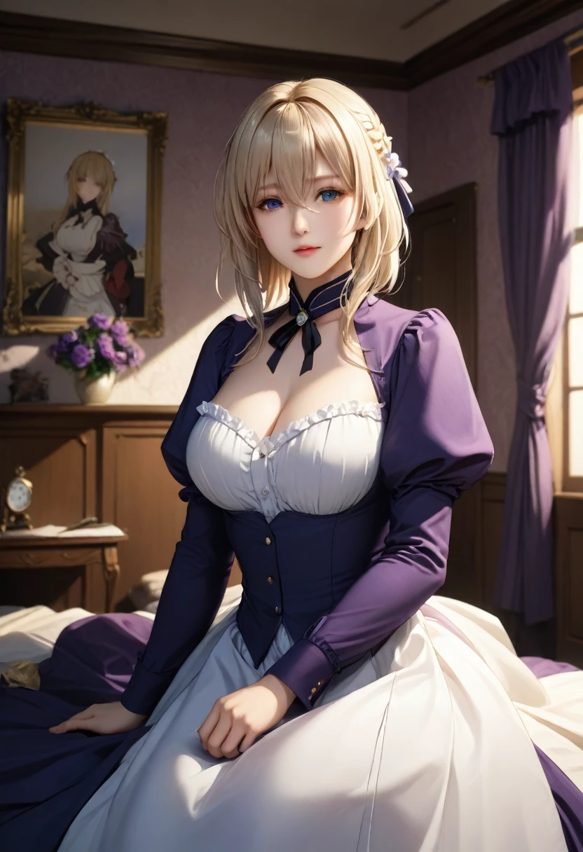 masterpiece, highest quality, (Highly detailed CG synthesis 8k wallpaper), (highest quality), (Best illustrations), (Best Shadow), (Stable Diffusion Model), Violet Evergarden, Sparkling, beautiful, victorian style bedroom, Dynamic Lighting, Depth of written boundary