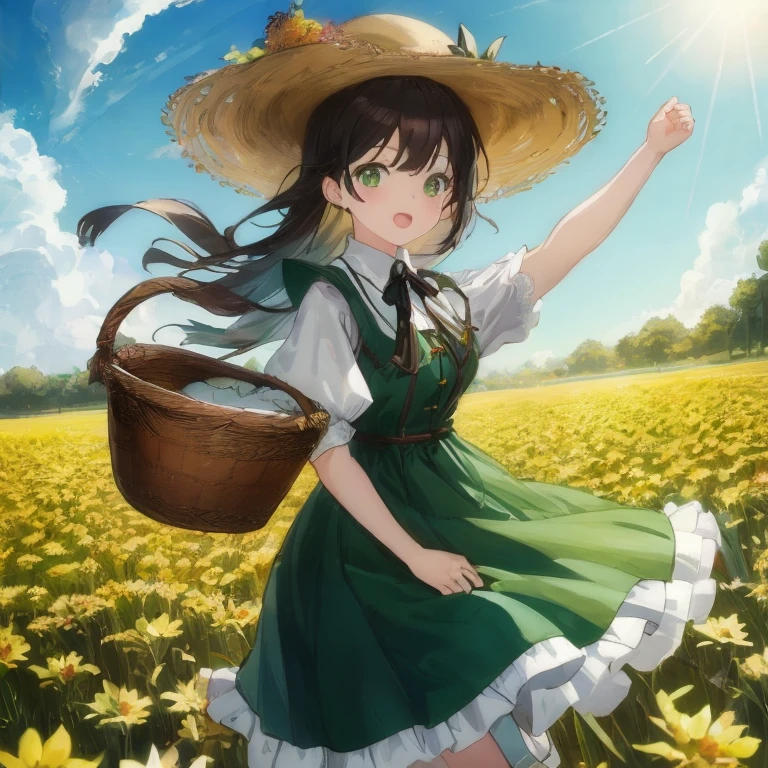 Anime girl in green dress and straw hat holding basket, Beautiful sunflower anime girl, Anime visuals of cute girls, guweiz, High resolution in the field, artwork in the style of guweiz, guweiz on pixiv artstation, girl dancing in a flower field, from touhou, guweiz on artstation pixiv, Official art