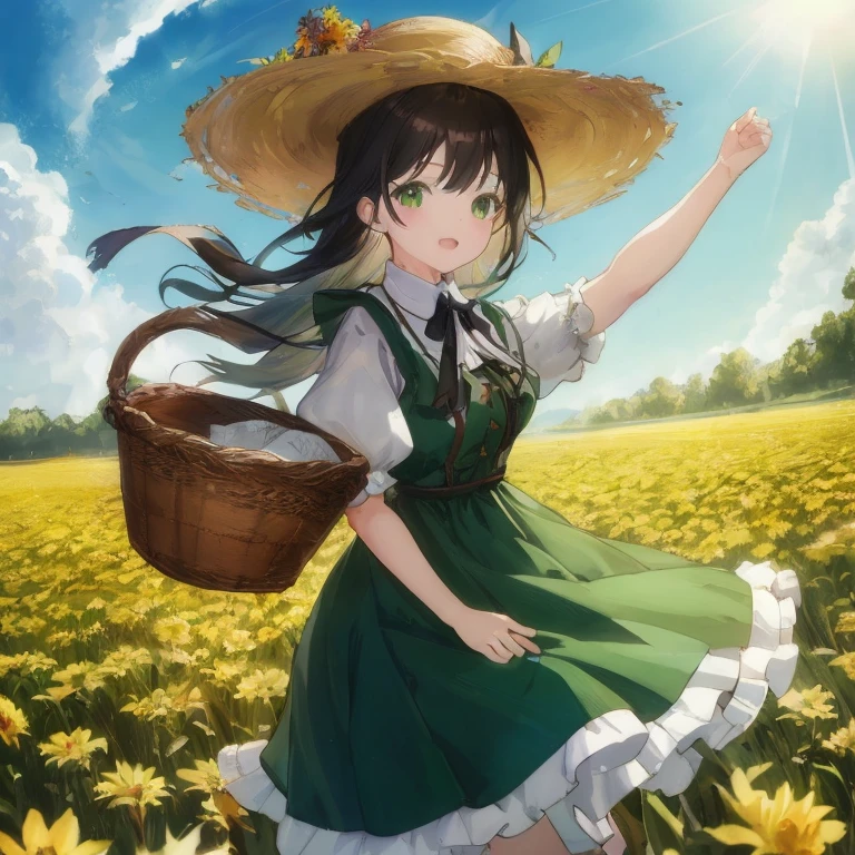 Anime girl in green dress and straw hat holding basket, Beautiful sunflower anime girl, Anime visuals of cute girls, guweiz, High resolution in the field, artwork in the style of guweiz, guweiz on pixiv artstation, girl dancing in a flower field, from touhou, guweiz on artstation pixiv, Official art