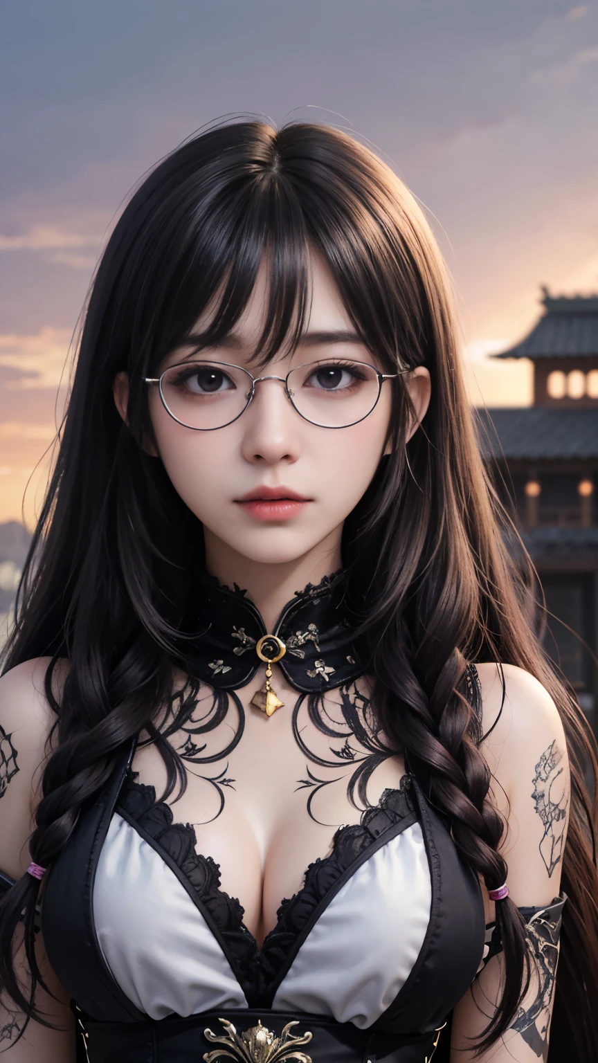 background（Black Night Sky，Big Moon），Woman close up，Wearing a white shirt、Purple Hair，Very long hair，very thick braids，((((Glasses))))、 realistic girl rendering, 8k artistic german bokeh, Enchanting girl, Realistic girl, Gurwitz, Gurwitz-style artwork, Girl Roleplay, Realistic 3D style, cgstation Popular Topics,, 8K Portrait Rendering,（Faithfulness，Faithfulness：1.4），Sparkling eyes，Purple eyes、Hell Demon, Black-scaled youkai, Chinese legend hell scene, Extreme horror, Zhang Yimou's film style, The picture is bright, Extremely detailed line drawings CG artwork, See the devil clearly, Demonic face, Detailed face, There is an open and clenched fist state, Light and shadow effect, Beautiful and dynamic pose, Detailed rendering, Colorful scenes, Full of depth, Vibrant lighting effects, Sketch a magnificent and mysterious atmosphere