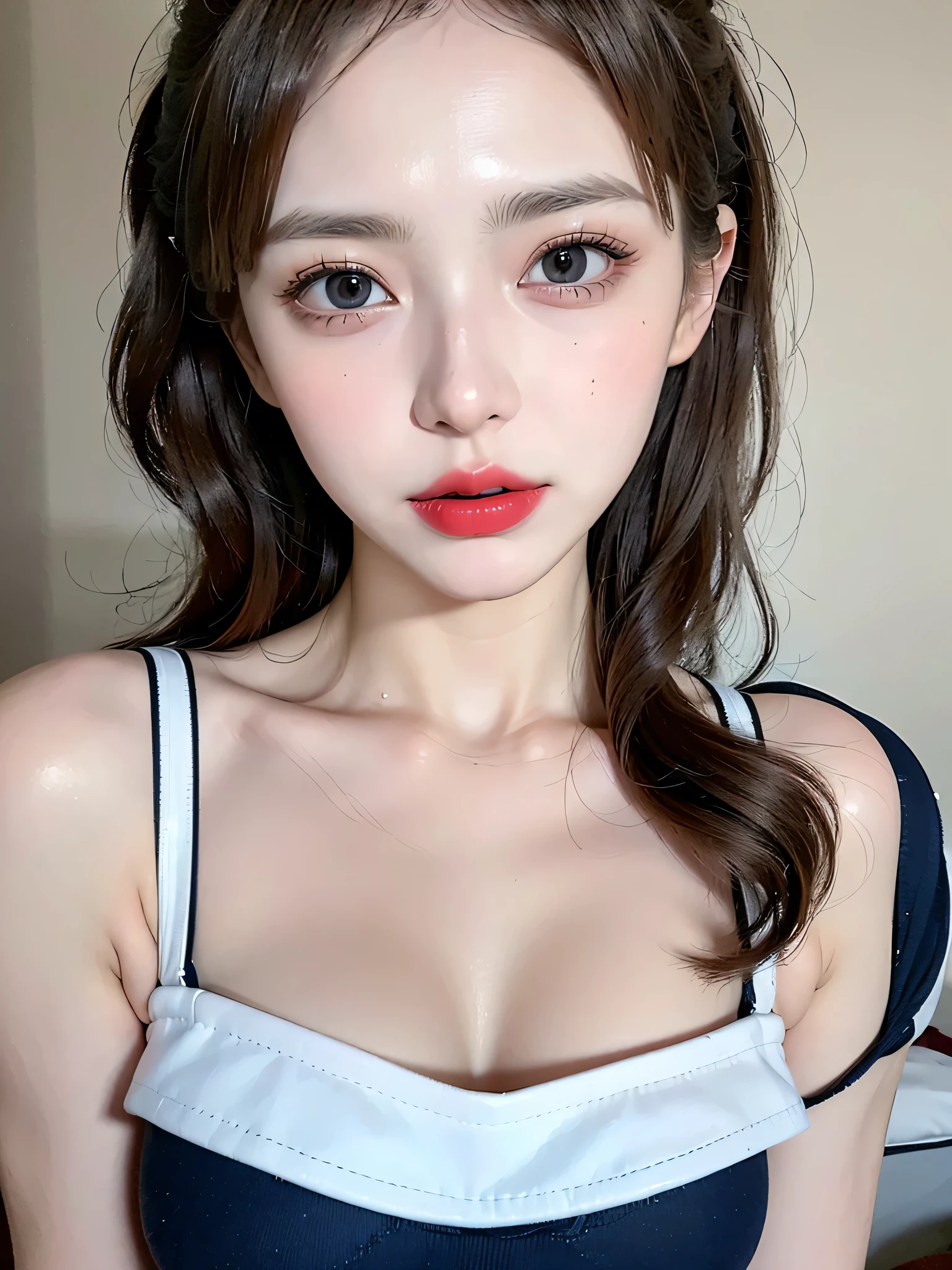 (((sfw:1.5)))、((Near the huge summer pool)), Real、8k、 ((Anatomically correct)),   18-year-old、1 female、round face、Baby Face、Cute Smile、Huge valley、 A close-up of her face:0.6, Top quality soft lighting, ((realistic perfectly round brown_eye:1.3、Big Eyes、Dripping eye)), (Light pale complexion), ((Detailed pupils:1.4)), (Perfect Makeup:1.3), (Symmetrical lips:1.3)),(Bright shiny red_lipstick:1.35), ((Blue eyelashes: 1.17)), (Very detailed, Beautiful little nose:1.2), (Perfect composition), ((Sunburned skin:1.28)), ((Oily skin)), ((The blackＹshirt, The blackチューブトップブラジャー) , The background is simple and blue, The gaze is directed downwards at a low angle、 (((Anatomically correct)))、（Perfect Body Proportions)、(Natural Hands、Natural Fingers、Natural Legs)