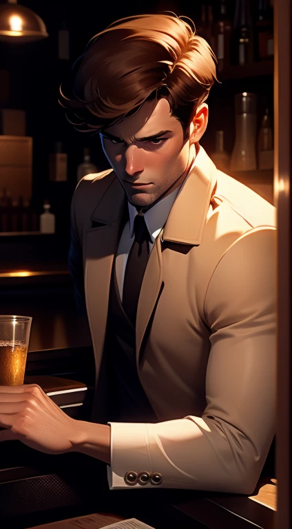 Mid 20s male detective, brown hair, detailed, toned body, simple, Noir et blanc, monochrome, looking at viewer, plain looking, white shirt and tie, gritty, unshaven, trench coat, sitting in at dive bar at the bar