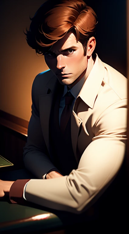 Mid 20s male detective, brown hair, detailed, toned body, simple, Noir et blanc, monochrome, looking at viewer, plain looking, white shirt and tie, gritty, unshaven, trench coat, sitting in at dive bar at the bar