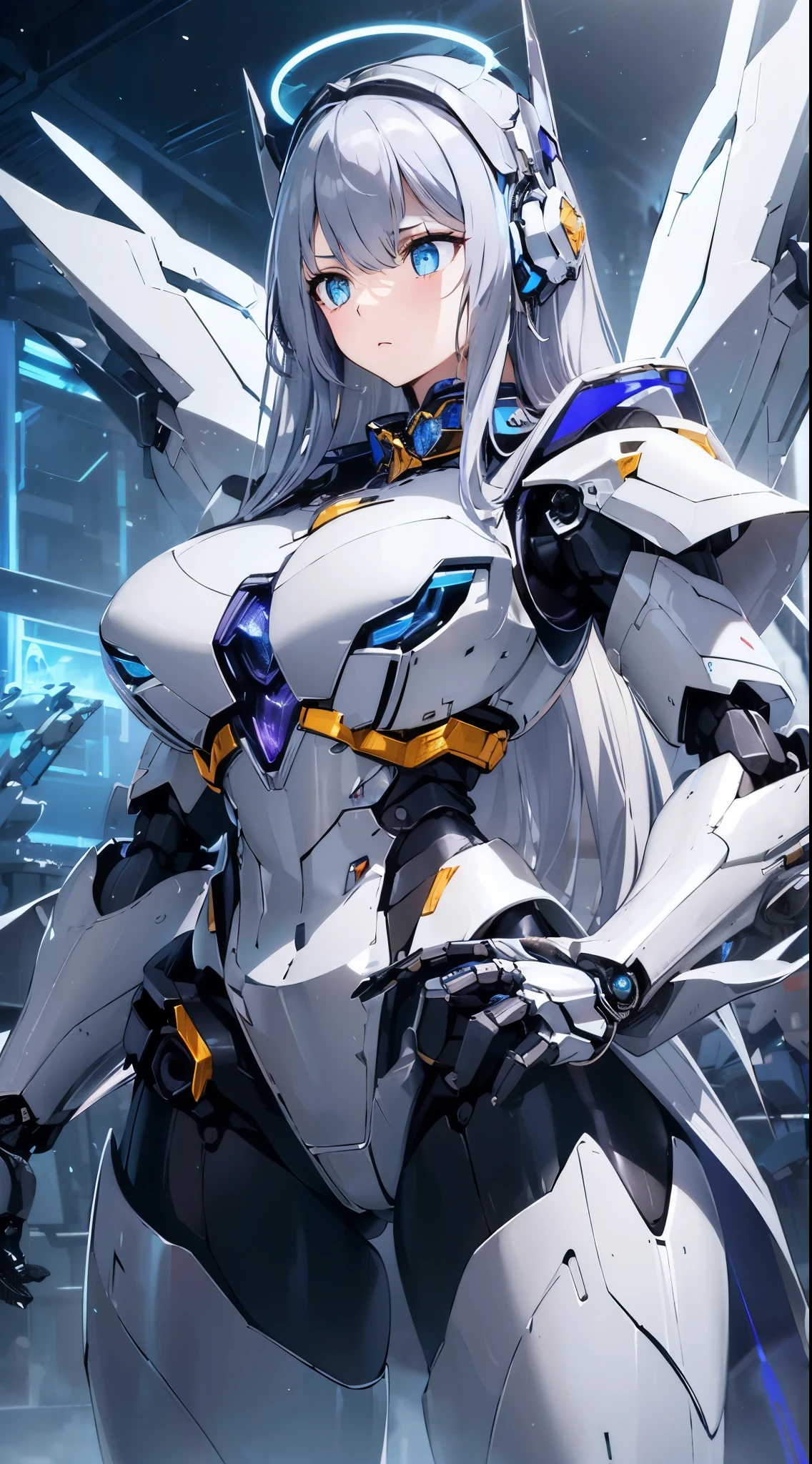 ((Looking away:1.5))、Blue shining mechanical eyes、Expressionless
