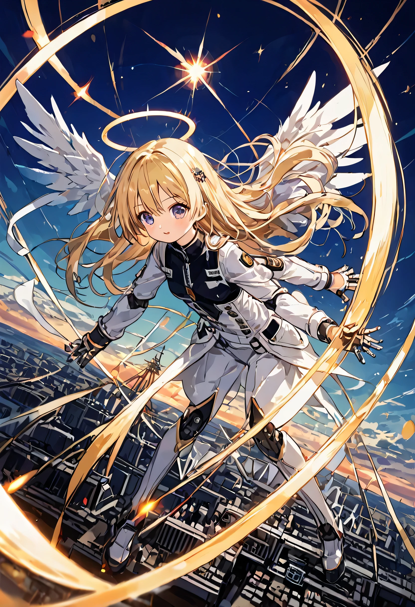 (masterpiece), 8k, Girl, Small breasts, 12yo, (Angel),Light's Wing, Sky, Light, god々Shii, Mabushii, Blonde, Long Hair, shine, 逆Light, Flare, White suit, Bokeh, (Fantastic scenery), (Lots of heavy weapons), Funnel, cyber punk, Dynamic Angle, A lot of missiles, (Weapons attached to limbs), Air Combat, in battle