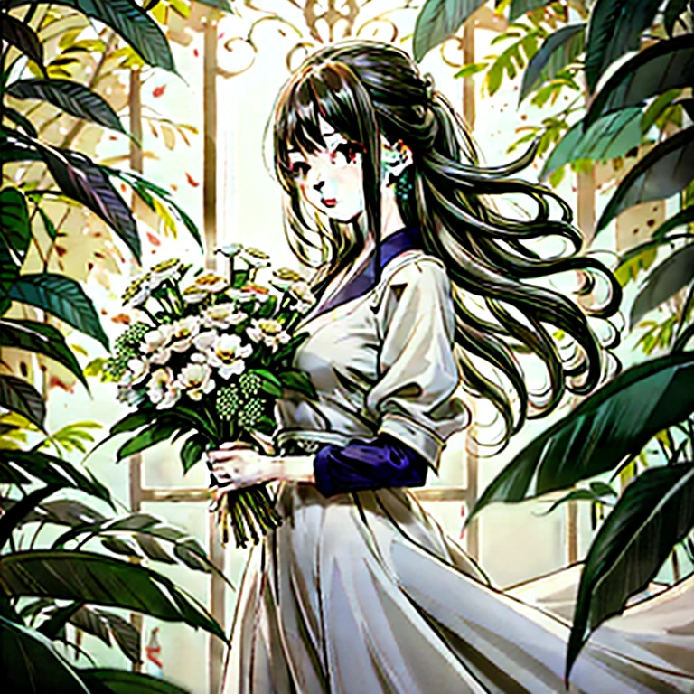 Anime girl in white dress with bouquet in front of window, guweiz, with flowers, a maid in a magical forest, artwork in the style of guweiz, Violet Evergarden, Anime visuals of cute girls, guweiz on pixiv artstation, guweiz masterpiece, guweiz and makoto shinkai