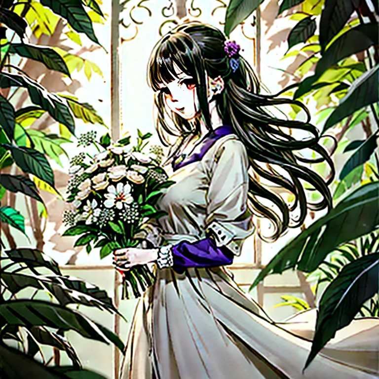 Anime girl in white dress with bouquet in front of window, guweiz, with flowers, a maid in a magical forest, artwork in the style of guweiz, Violet Evergarden, Anime visuals of cute girls, guweiz on pixiv artstation, guweiz masterpiece, guweiz and makoto shinkai