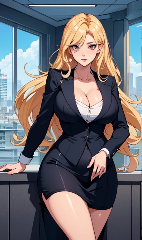 looking at the audience , whole body(((Large Breasts、Breast sagging、Low-cut，Cleavage ，Wide hips,)))((Long legs)),Hourglass figure)) Practical,shiny skin,(Office female staff),Business suit,cleveage, stocking, (Pretty Face:1.1),(masterpiece, high quality:1.2) Huge breasts, maternal love, Porcelain skin, Honey Blonde Hair, Very long hair, curls,Become a