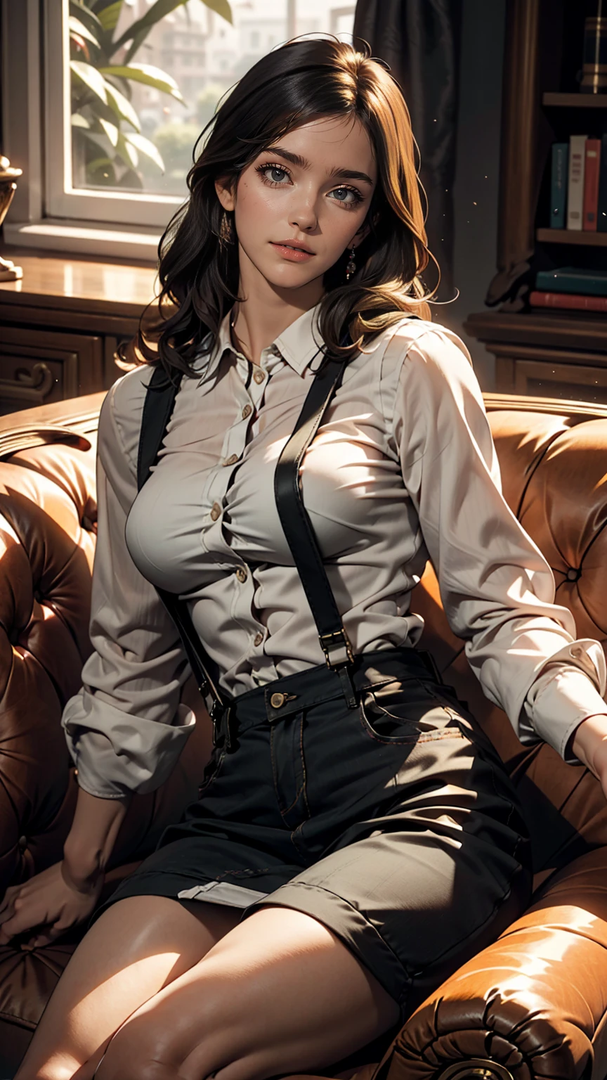 Mature woman lying on sofa, Big black wavy hair, Wear suspenders, Plump figure, Delicate facial features, Realistic image quality, Asian Woman, Age: Approximately 40 years old, Surreal,