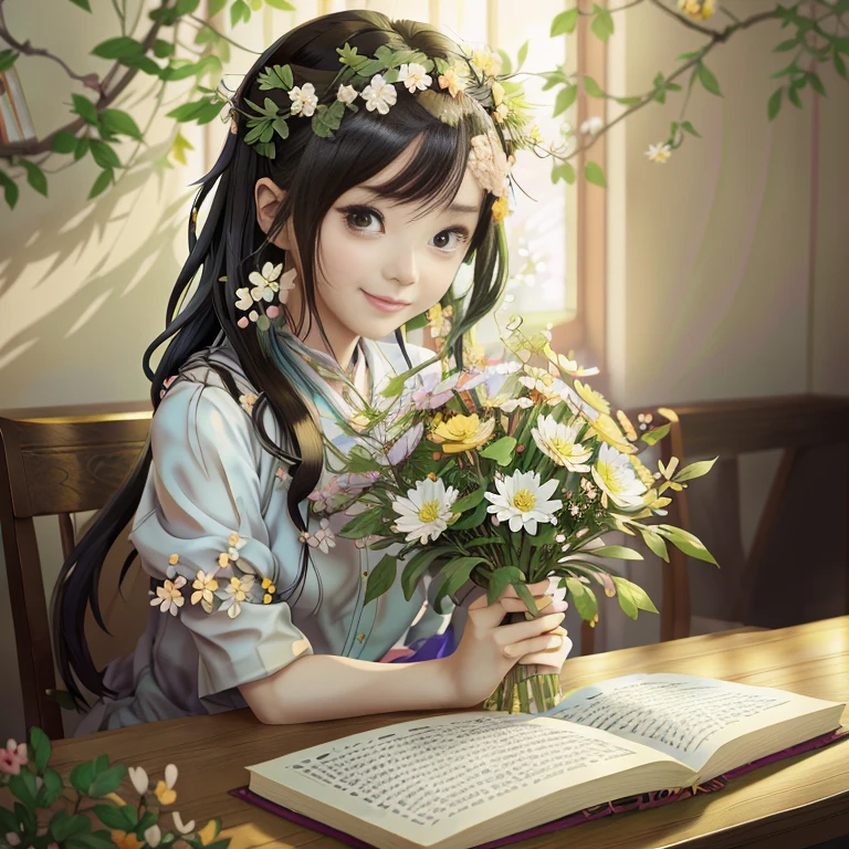 Anime girl with flowers and books sitting at table with open book, with flowers, hestia, Anime visuals of cute girls, Beautiful depiction, guweiz, ( ( ( yoshinari yoh ) ) ), anime moe art style, Beautiful Anime Portrait, sitting with flowers, a serene smile, Rin, guweiz on pixiv artstation, Beautiful anime girl