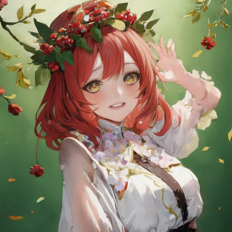 Anime girl with red hair and a crown of flowers on her head, guweiz, artwork in the style of guweiz, guweiz on pixiv artstation, guweiz on artstation pixiv, digital art on pixiv, Beautiful Anime Portrait, guweiz masterpiece, made with anime painter studio, Beautiful anime girl, High quality anime art style