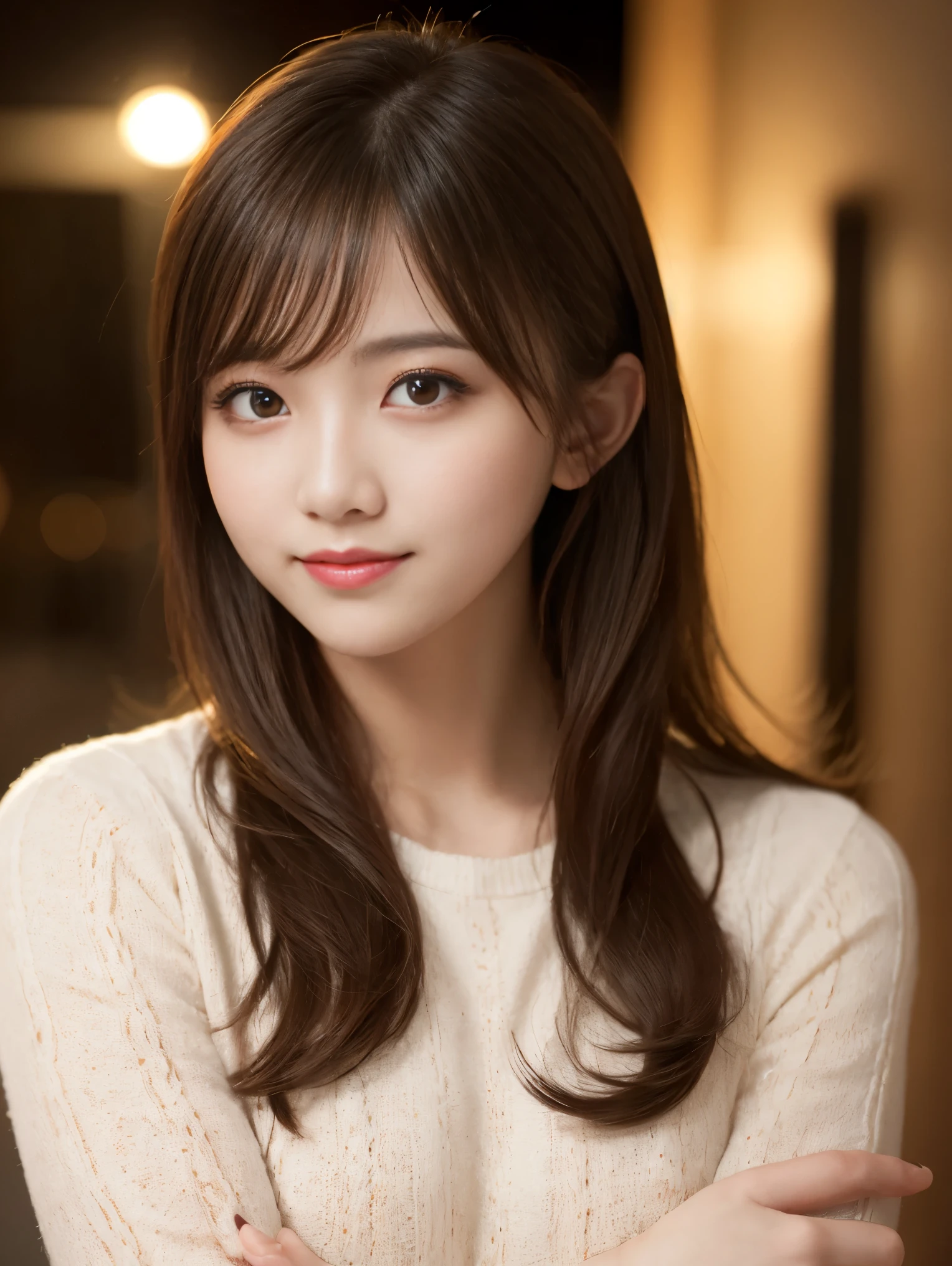Tabletop, highest quality, shape, Very detailed, finely, High resolution, 8k wallpaper, 完璧なダイナミックな構shape, Beautiful and detailed, Elegant winter clothes,Medium Hair,Small Breasts Natural Color Lip, Bold sexy pose,smile、20-year-old girl、cute、Looking at the camera is sexy,night,Beautiful and elaborate face,Elegant face,Perfect and beautiful face,Slim face and body,Spread your arms wide、Background Blur