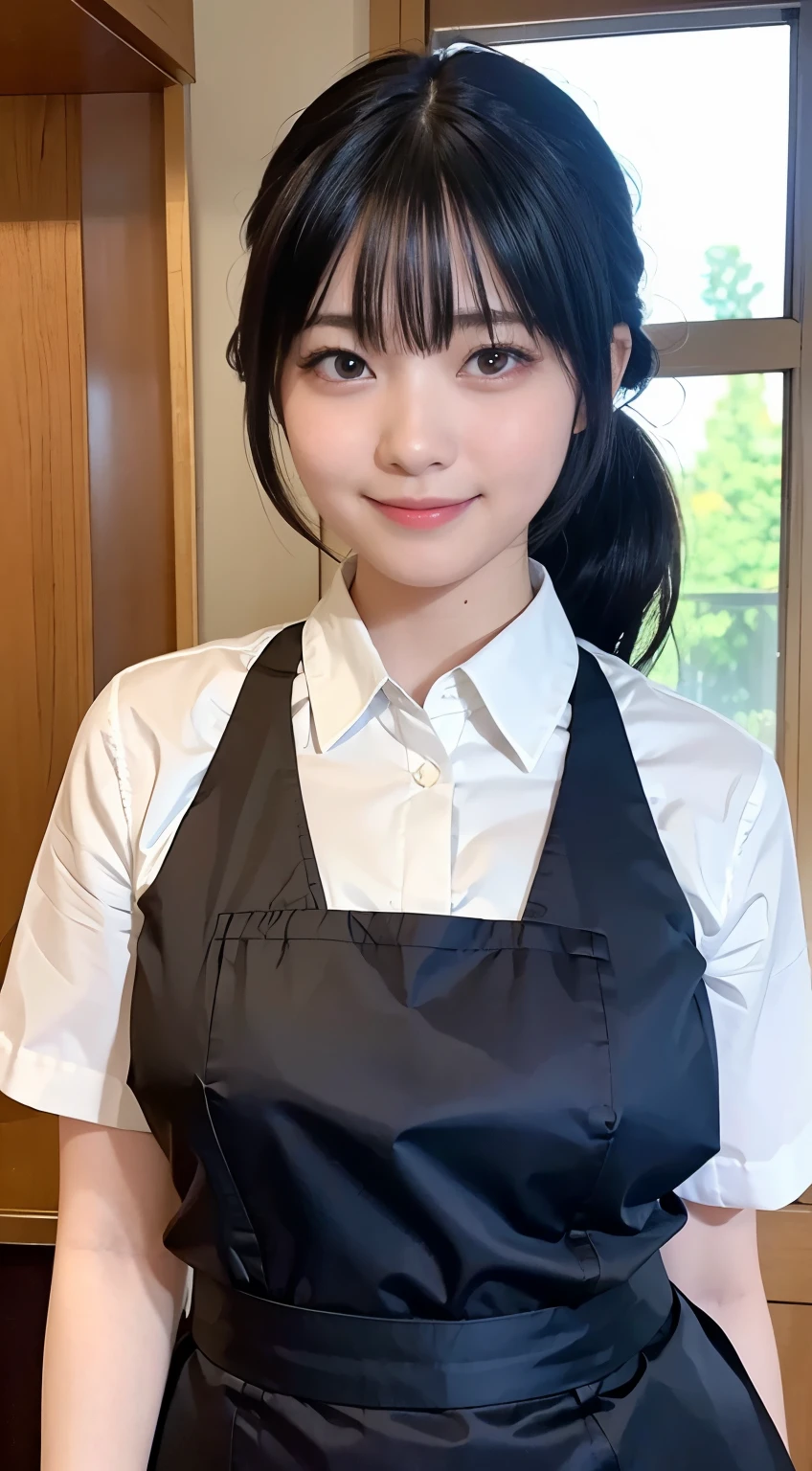 (highest quality,masterpiece:1.3,Ultra-high resolution,),(Very detailed,Caustics),(Realistic:1.4,RAW shooting,)Ultra-Realistic Capture,Very detailed,High resolution 16K human skin closeup。 Natural skin texture、,pores、、、、It must be detailed enough to be easily identifiable。 Skin tone is even and healthy looking。 Use natural light and color,restaurant,Waitress Uniform,1 girl,Japanese,18-year-old,cute,Black-haired,ponytail,Big Breasts,smile,Turn your body forward,(Front view:1.1),Looking into the camera,Cowboy Shot,