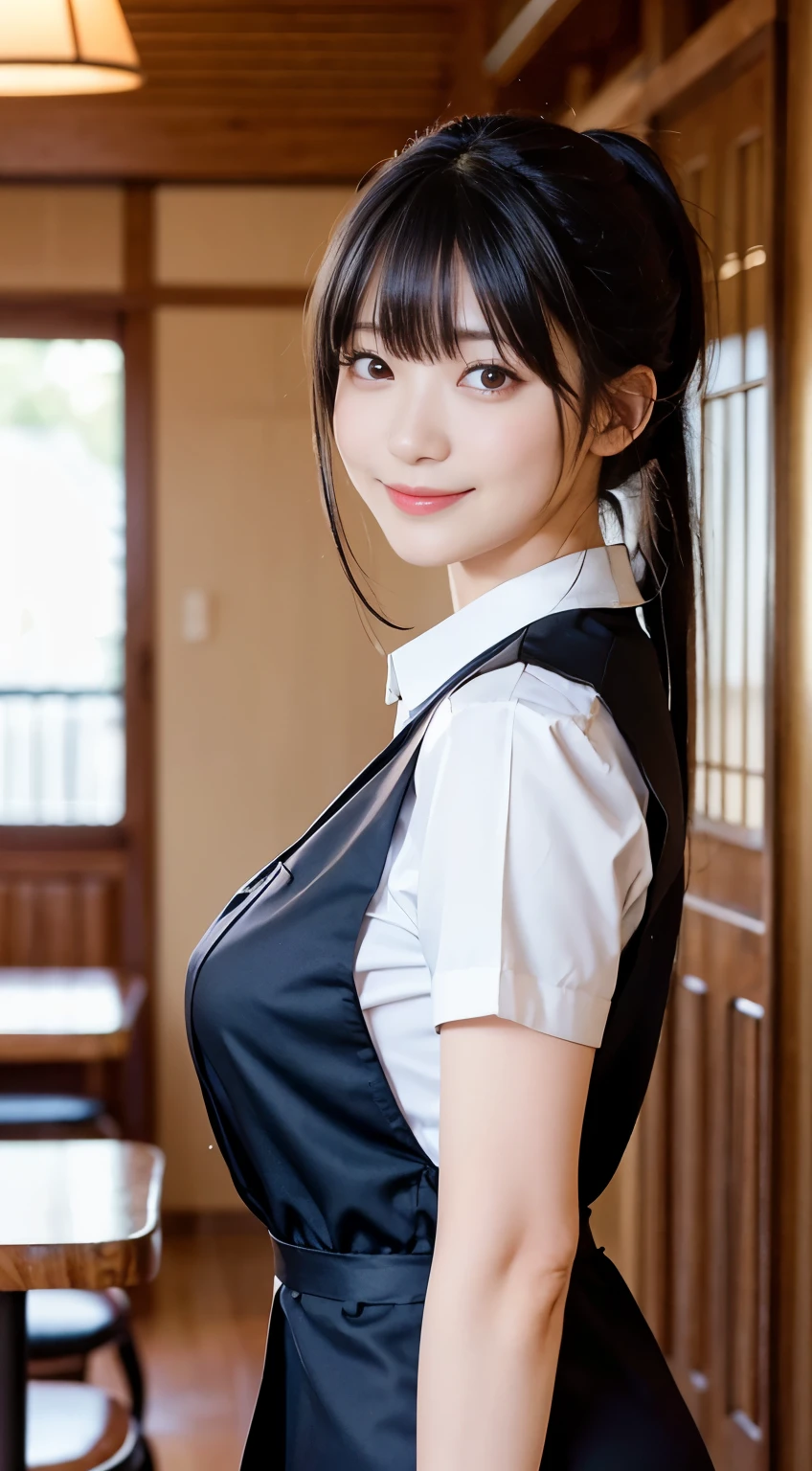 (highest quality,masterpiece:1.3,Ultra-high resolution,),(Very detailed,Caustics),(Realistic:1.4,RAW shooting,)Ultra-Realistic Capture,Very detailed,High resolution 16K human skin closeup。 Natural skin texture、,pores、、、、It must be detailed enough to be easily identifiable。 Skin tone is even and healthy looking。 Use natural light and color,restaurant,Waitress Uniform,1 girl,Japanese,18-year-old,cute,Black-haired,ponytail,Big Breasts,smile,Turn your body forward,(Front view:1.1),Looking into the camera,Cowboy Shot,