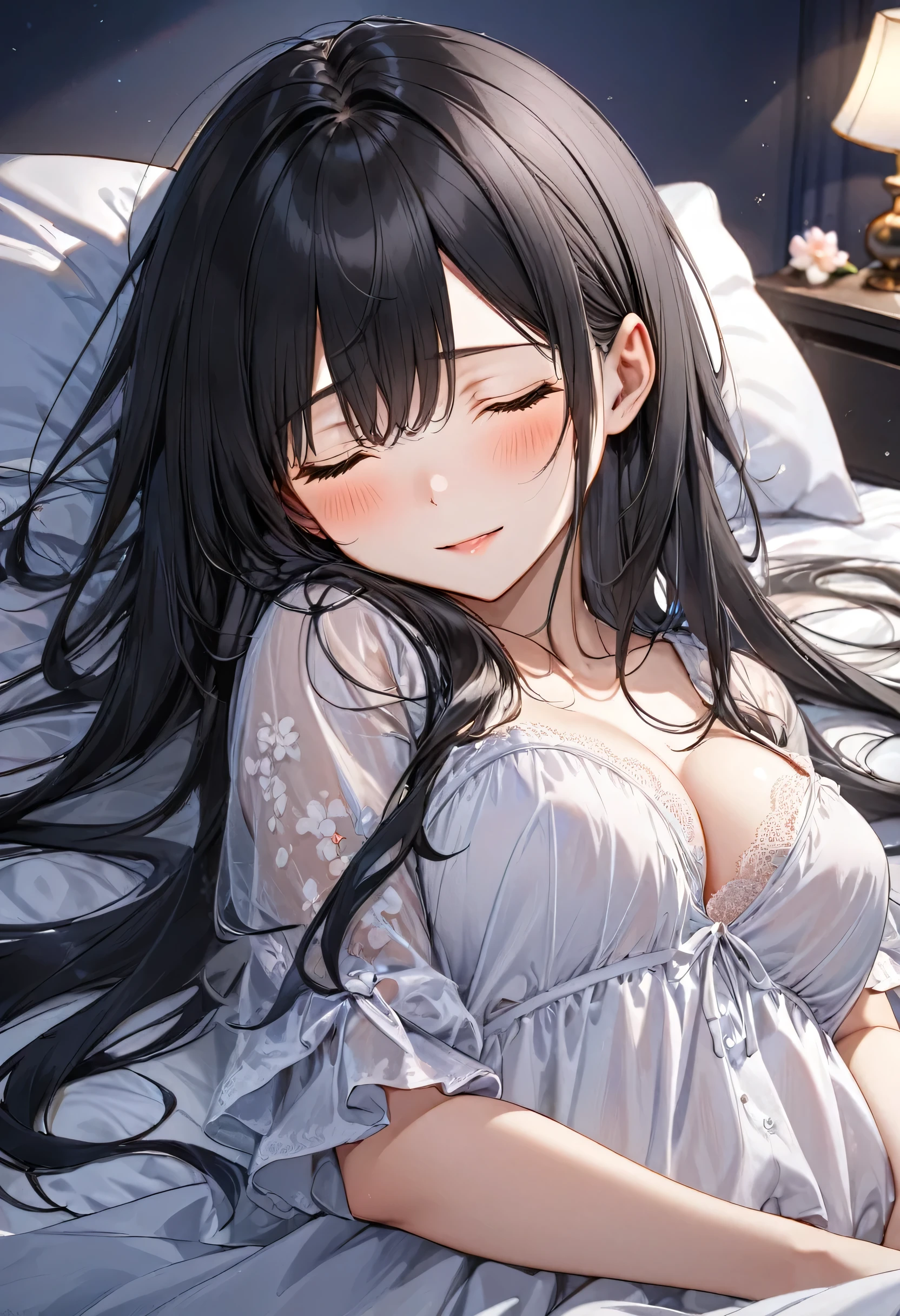 (night sleep style) (in a cute negligee) (solo:2 straight black hair long hair lovely dominance girl, love happy sleeping closed eyes,18 yo, big tits), break, (in deep night, in the bedroom), BREAK, perfect anatomy, masterpiece, best quality, 16k, beautiful detailed darkness, daydreaming expression