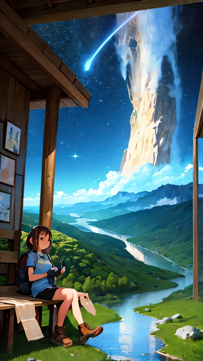 masterpiece, best quality, ultra-detailed, illustration, 1girl, solo, outdoors, camping, night, mountains, nature, stars, moon, tent, twin ponytails, green eyes, cheerful, happy, backpack, sleeping bag, camping stove, water bottle, mountain boots, gloves, sweater, hat, flashlight, forest, rocks, river, wood, smoke, shadows, contrast, clear sky, constellations, Milky Way, peaceful, serene, quiet, tranquil, remote, secluded, adventurous, exploration, escape, independence, survival, resourcefulness, challenge, perseverance, stamina, endurance, observation, intuition, adaptability, creativity, imagination, artistry, inspiration, beauty, awe, wonder, gratitude, appreciation, relaxation, enjoyment, rejuvenation, mindfulness, awareness, connection, harmony, balance, texture, detail, realism, depth, perspective, composition, color, light, shadow, reflection, refraction, tone, contrast, foreground, middle ground, background, naturalistic, figurative, representational, impressionistic, expressionistic, abstract, innovative, experimental, unique