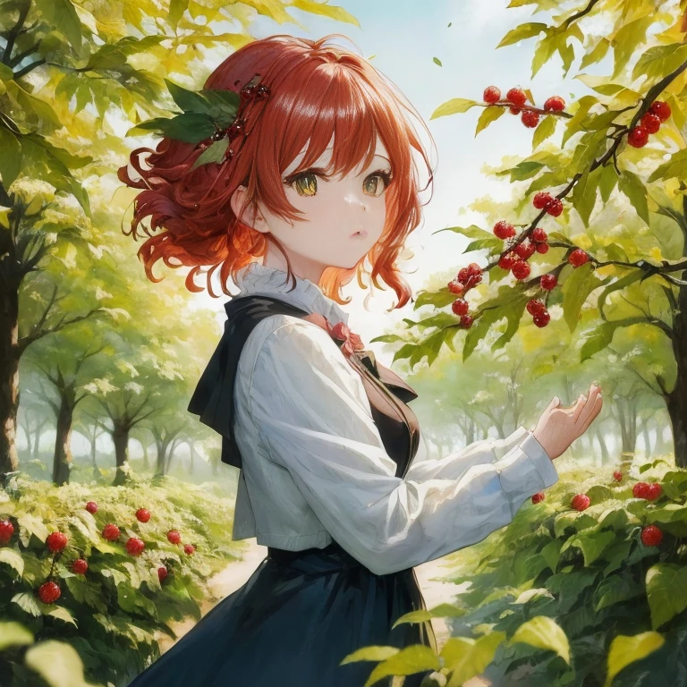 Anime girl in the forest with cherries, anime lush john 8k woods, Beautiful Anime Portrait, guweiz on pixiv artstation, painted in anime painter studio, Official art, guweiz on artstation pixiv, Rin, portrait of cute anime girlbabes, Beautiful anime girl, anime art wallpaper 4k, anime art wallpaper 4k, beautiful anime artwork