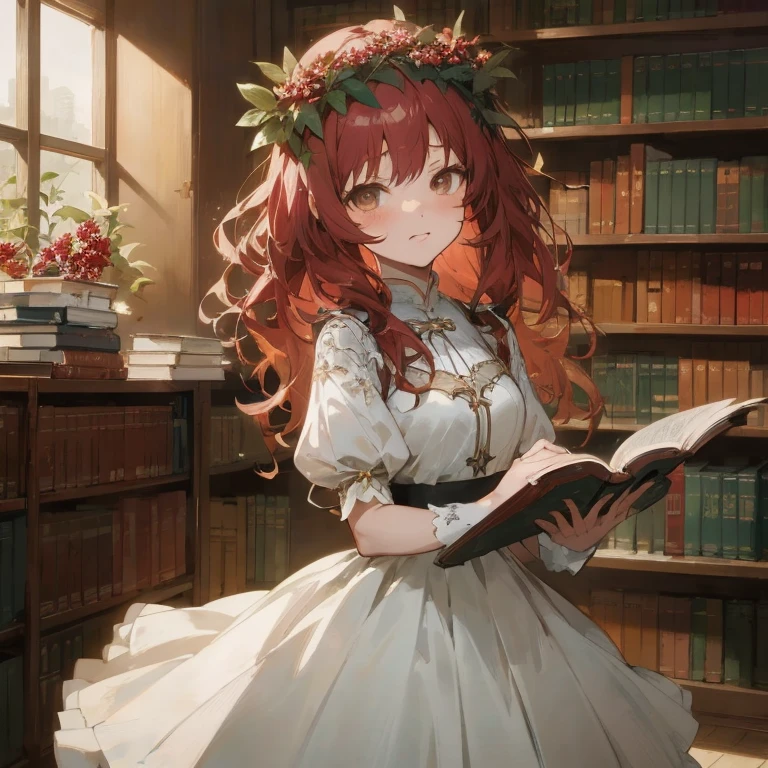 Anime girl in white dress reading a book in library, guweiz on pixiv artstation, guweiz on artstation pixiv, Beautiful Anime Portrait, epic light novel art cover, Beautiful anime girl, guweiz, Anime visuals of cute girls, Light Novel Cover Art, at the library, rpg book portrait