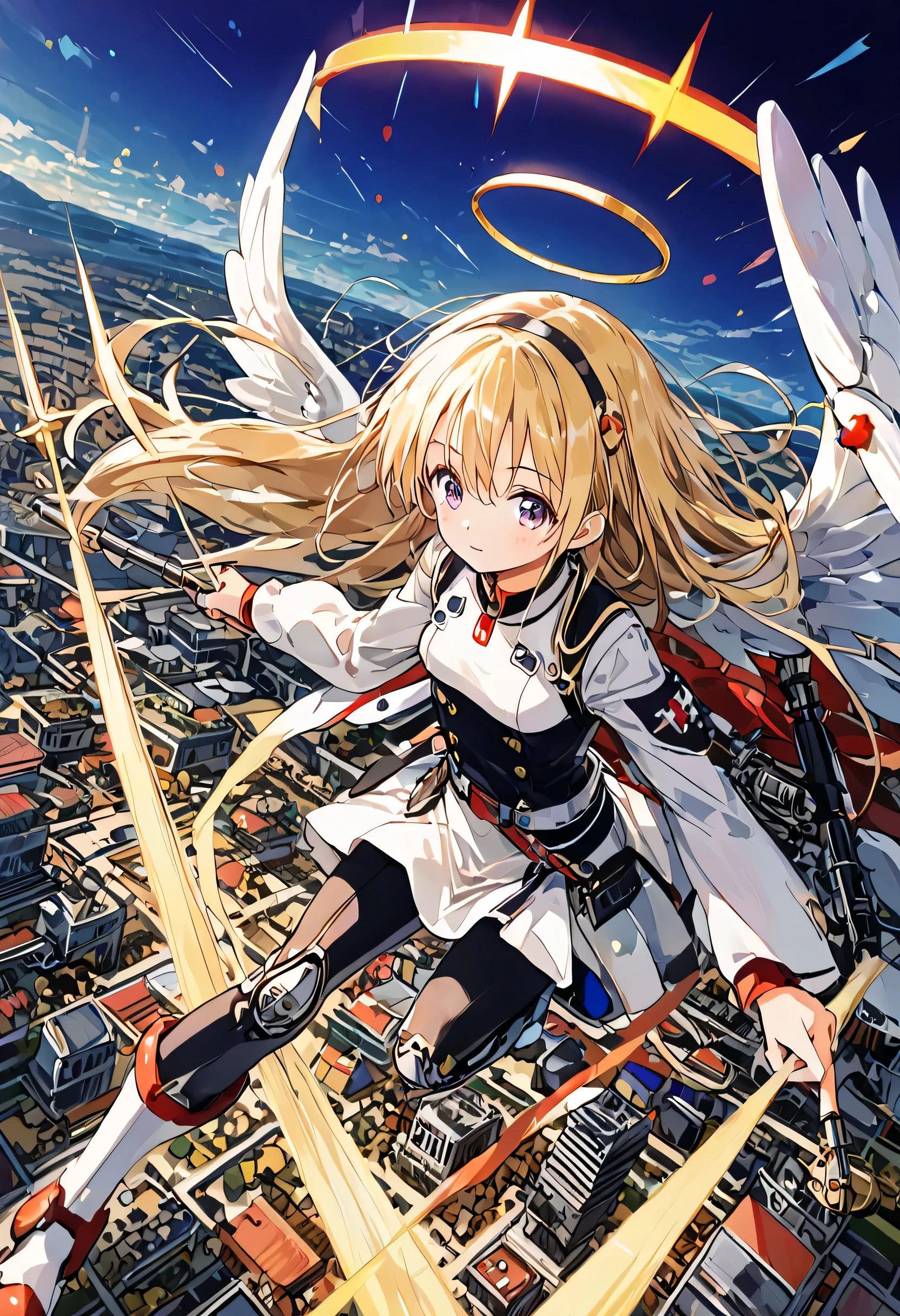 (masterpiece), 8k, Girl, Small breasts, 12yo, (Angel),Light's Wing, Sky, Light, god々Shii, Mabushii, Blonde, Long Hair, shine, 逆Light, Flare, White suit, Bokeh, (Fantastic scenery), (Lots of heavy weapons), Funnel, cyber punk, Dynamic Angle, (A lot of missiles), (A lot of flashes), (Weapons attached to limbs), Air Combat, in battle