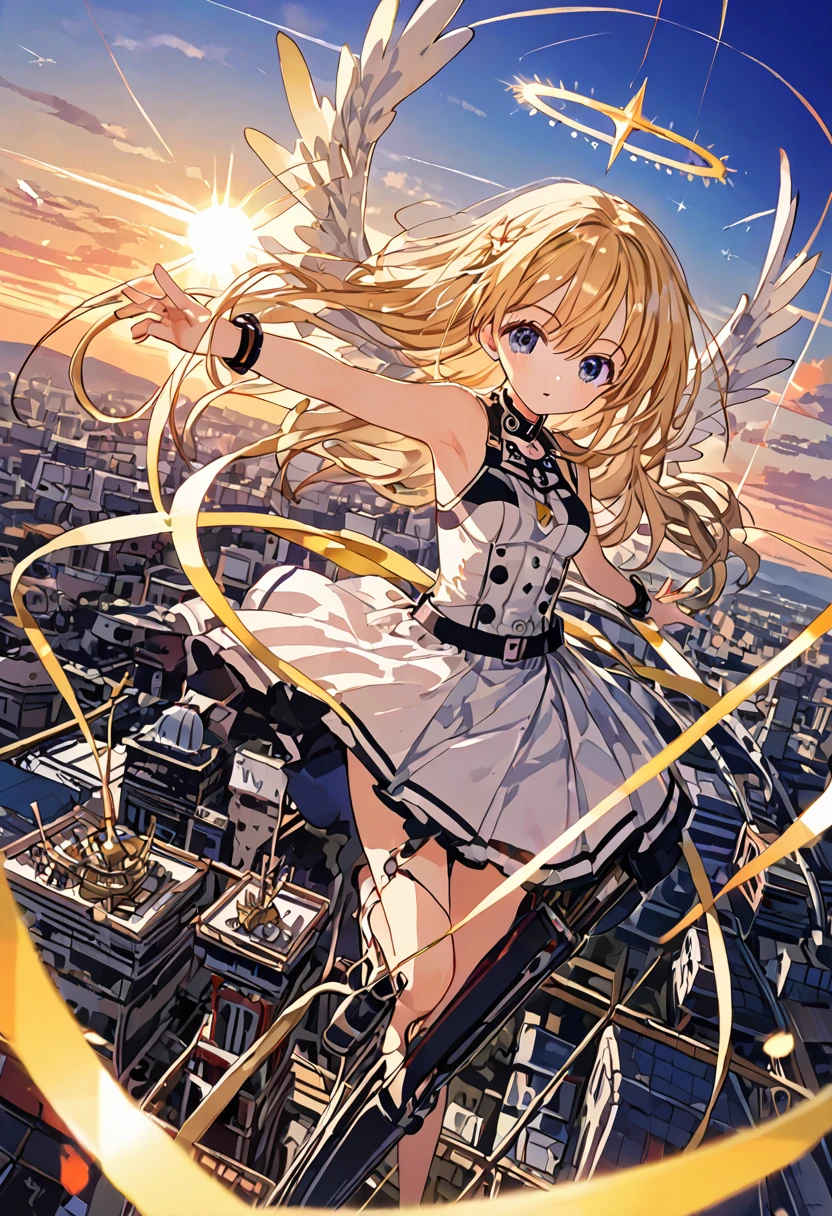 nsfw, (masterpiece), 8k, Girl, Small breasts, 12yo, (Angel),Lightの羽, Sky, Light, god々Shii, まぶShii, Blonde, Long Hair, shine, 逆Light, Flare, White suit, Bokeh, (Fantastic scenery), (Lots of heavy weapons), Funnel, cyber punk, Dynamic Angle, (A lot of missiles), (たくさんの閃Light), (Weapons attached to limbs), Air Combat, in battle