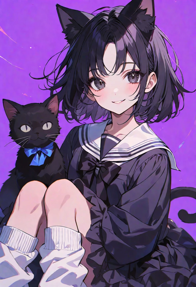 solo, handsome, 1. Female,Straight Short Hair, black hair, black eyes,Soft look,Lolita,Black cat ears,high school girl,Sailor suit,loose socks,Best,skin,,smile,purple background