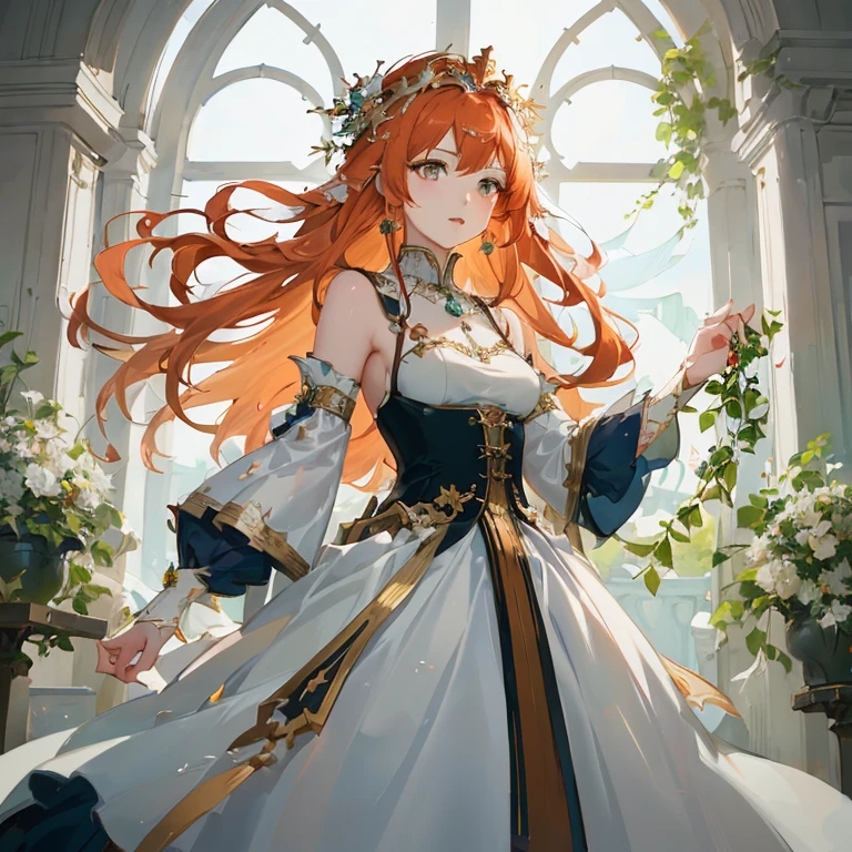 Woman in white dress with long red hair and a crown of flowers, guweiz on pixiv artstation, guweiz on artstation pixiv, cushart krenz key art feminine, Trending on ArtStation pixiv, Cute anime waifu in a nice dress, Beautiful maiden, Copper-haired maiden, ((a beautiful fantasy empress)), royal elegant pose