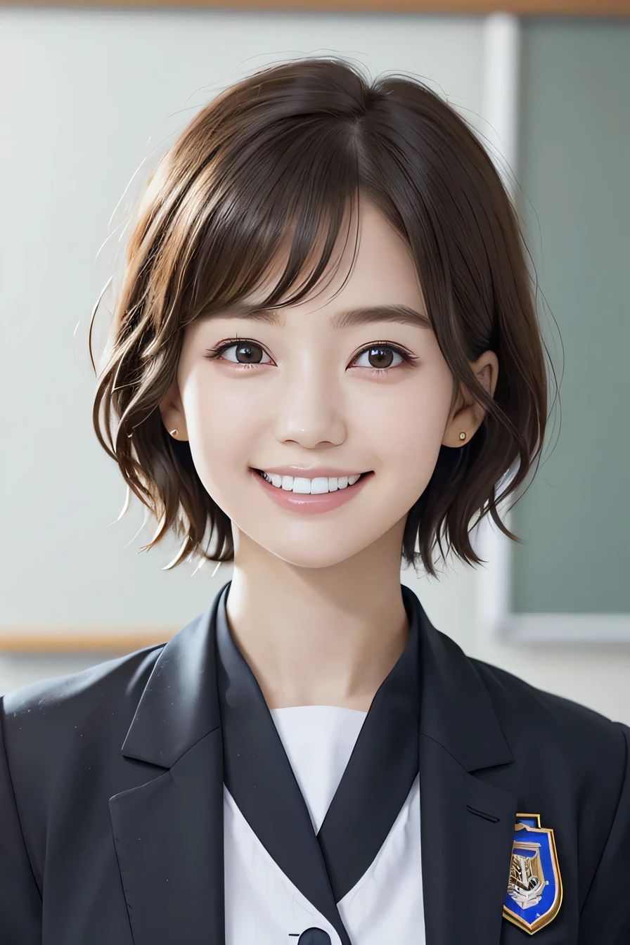 205 ((short hair)), 17Old woman, College uniforms、Blazer uniform、Worn uniform、smile、Beautiful teeth alignment、Black Hair、ear piercing、Looking into the camera, The background is the classroom