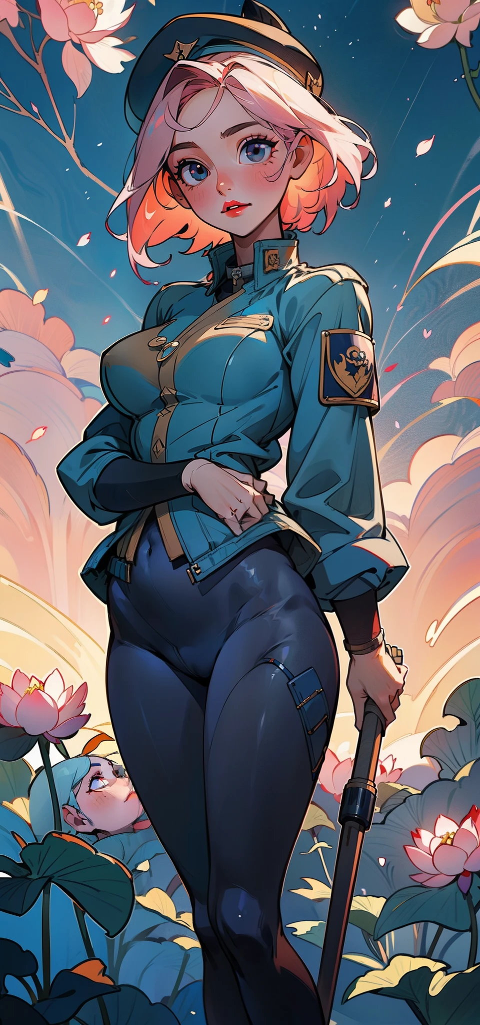 1female,45 yers old,Married Woman,MILF,plumw,extremely large bosom, solo,(Background with:ponds,Cherry blossom forest,lotus flower)Lie underwater, She has short pink hair,seen from the front,, mostly cloudy sky,(((tmasterpiece),(Very detailed CG unity 8K wallpaper),best qualtiy,cinmatic lighting,detailed back ground,beatiful detailed eyes,Bright pupils,Black eyes,Snow-whiteskin,Redlip(Very fine and beautiful),(Beautiful and detailed eye description),ultra - detailed,tmasterpiece,))facing at camera,A high resolution,ultra - detailed),revealing breasts,Bare genitalia, Bulge,legs are open,Raised sexy,Camel toes,Desire for dissatisfaction,frontage,us airforce,beret(Wearing:jean jacket,Black tights,)